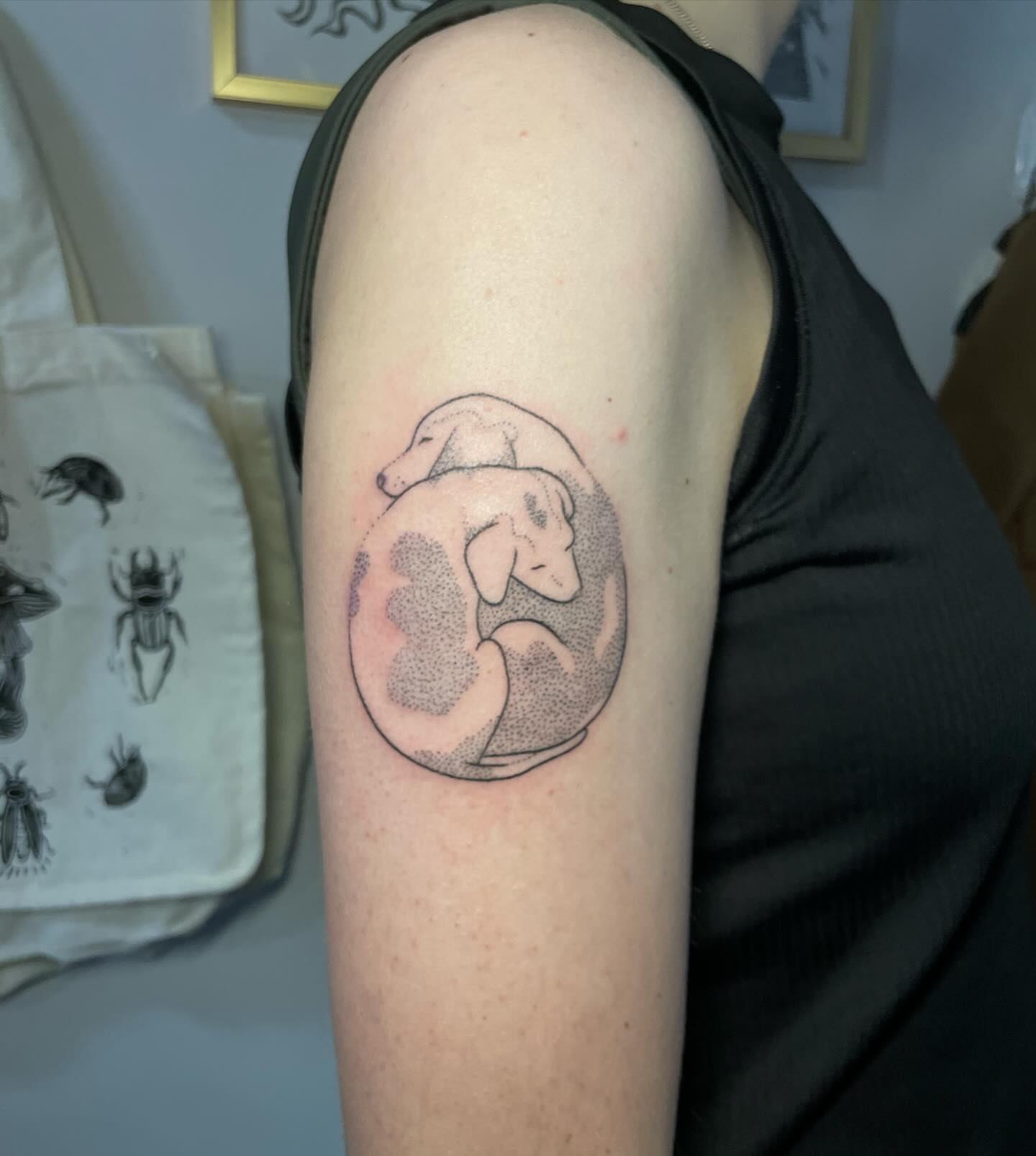 Dog embracing moon dotwork tattoo on the forearm by Quin