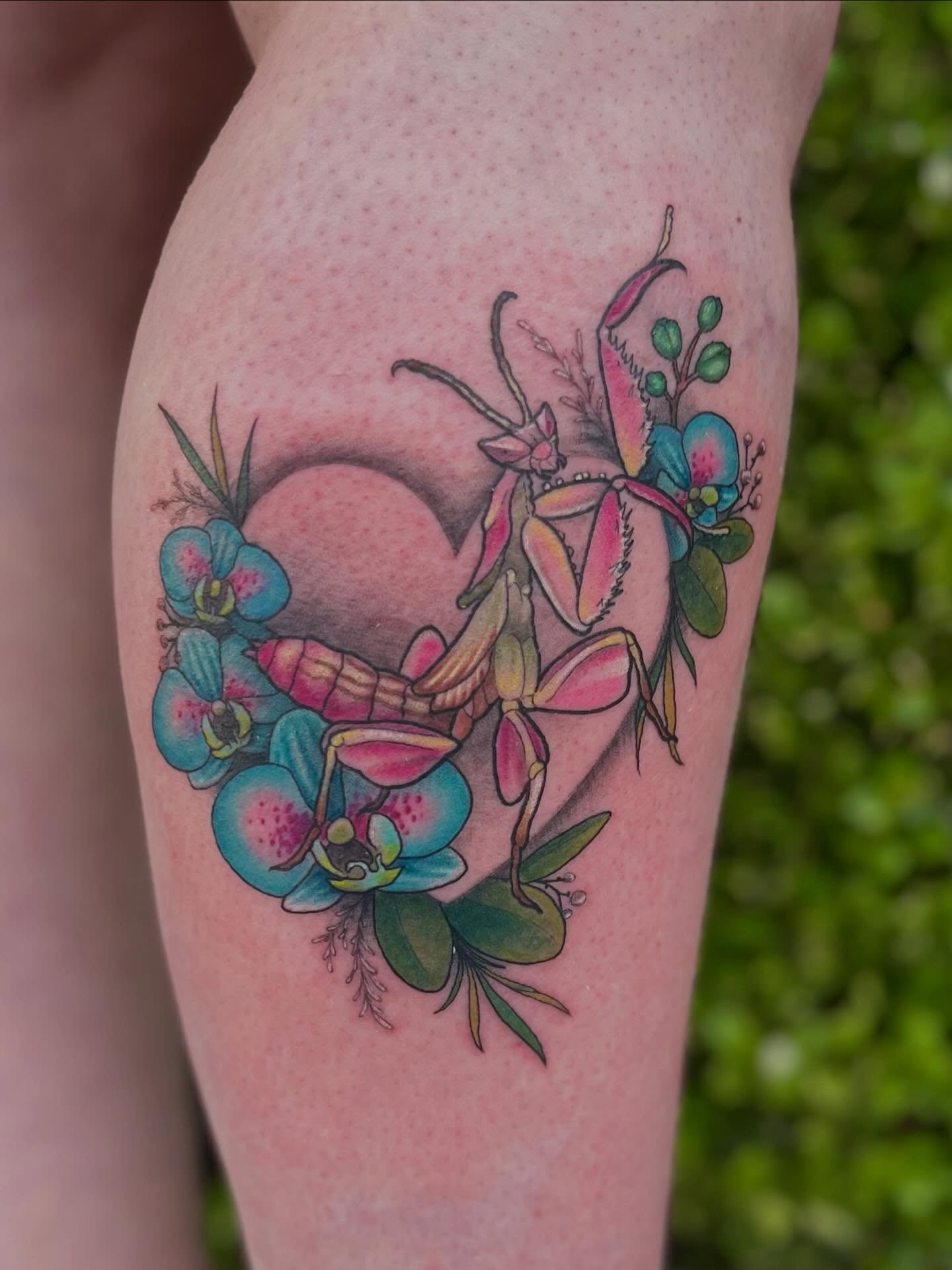 Praying mantis and orchids new school tattoo on the thigh by Taylor Tha Color Queen
