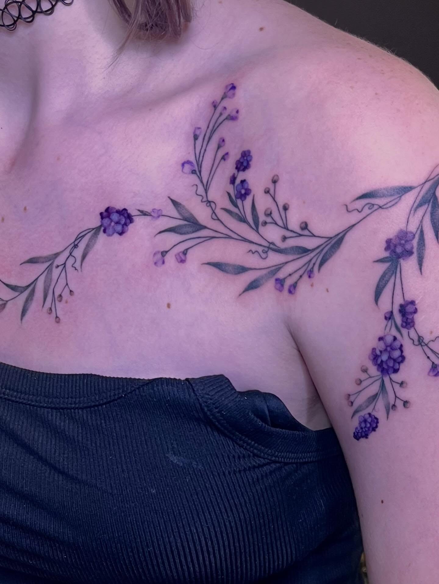 Floral vine watercolor tattoo on the shoulder by Taylor Tha Color Queen