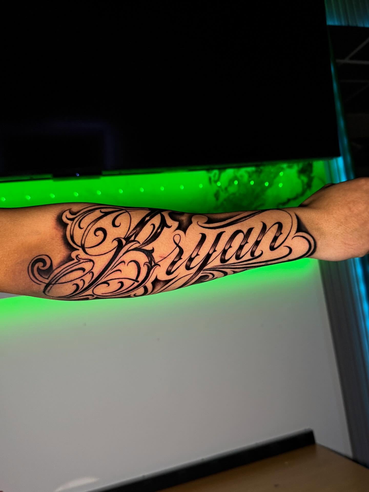 Name tattoo lettering script tattoo on the forearm by 📍 Austin