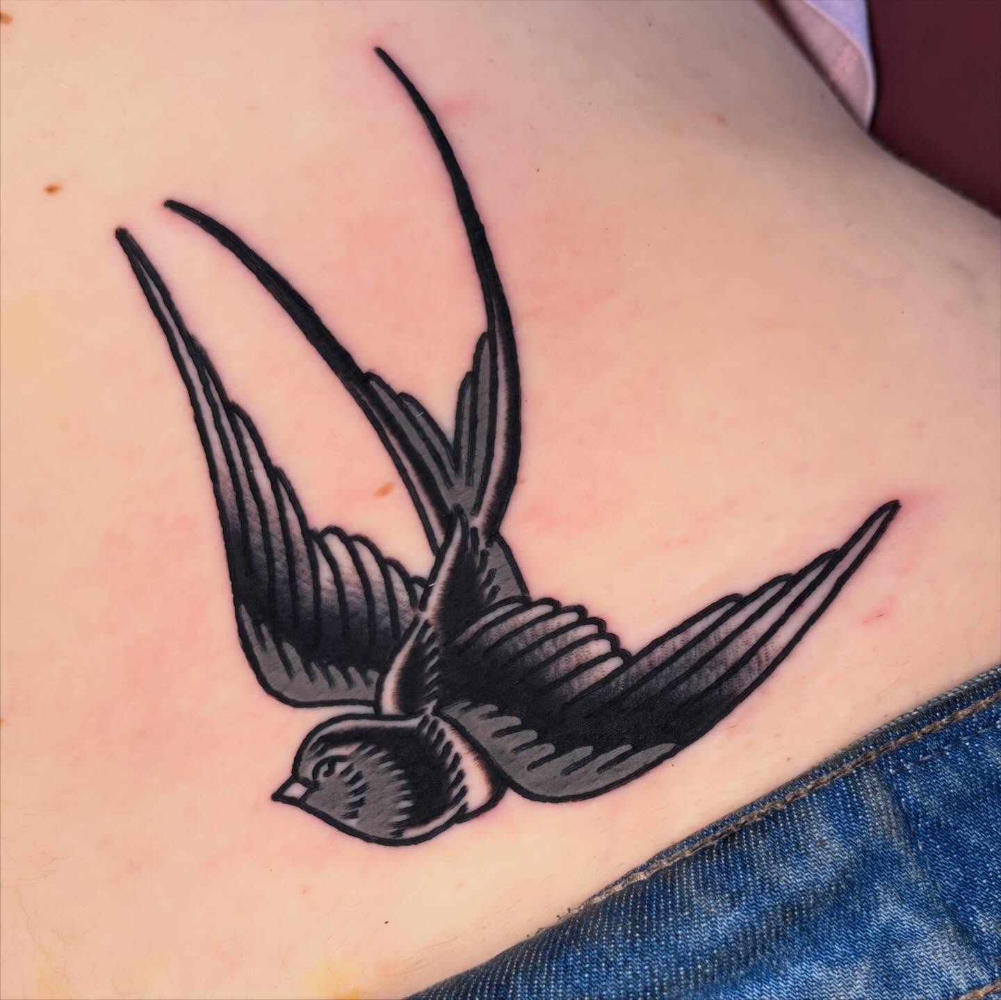 Swallow American traditional tattoo on the back by Zoe Margot