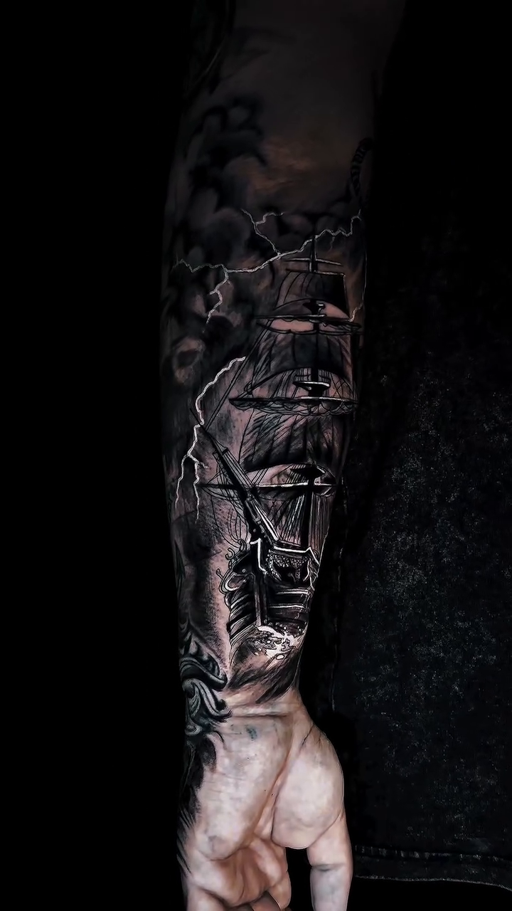Sailing ship in stormy seas realism tattoo on the forearm by 𝔄𝔩𝔳𝔞𝔯𝔬 𝔓𝔦𝔫𝔦𝔩𝔩𝔞