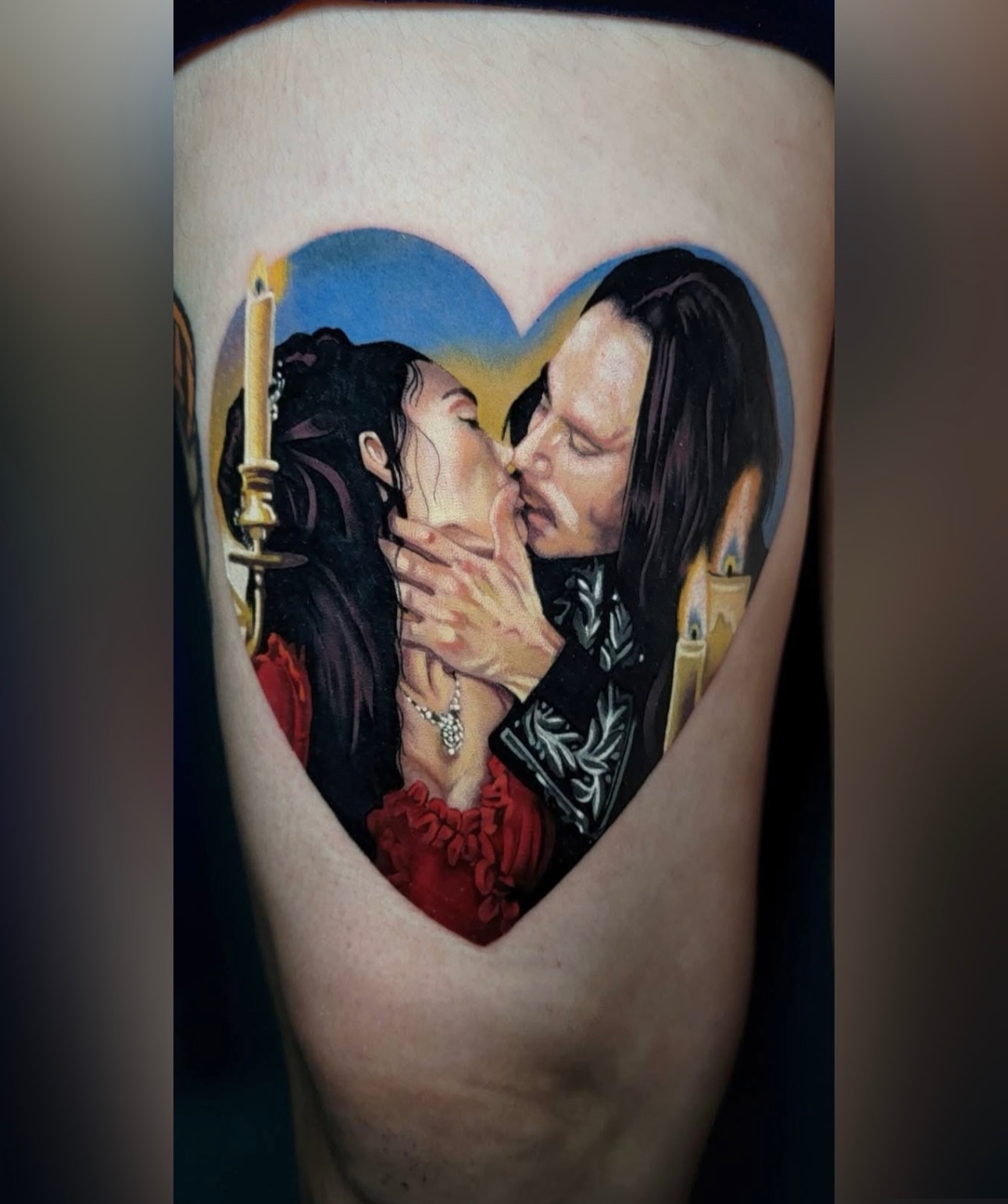 Kissing couple realism tattoo on the forearm by Melissa Does Tattoos - Bright, Bold Anime &
