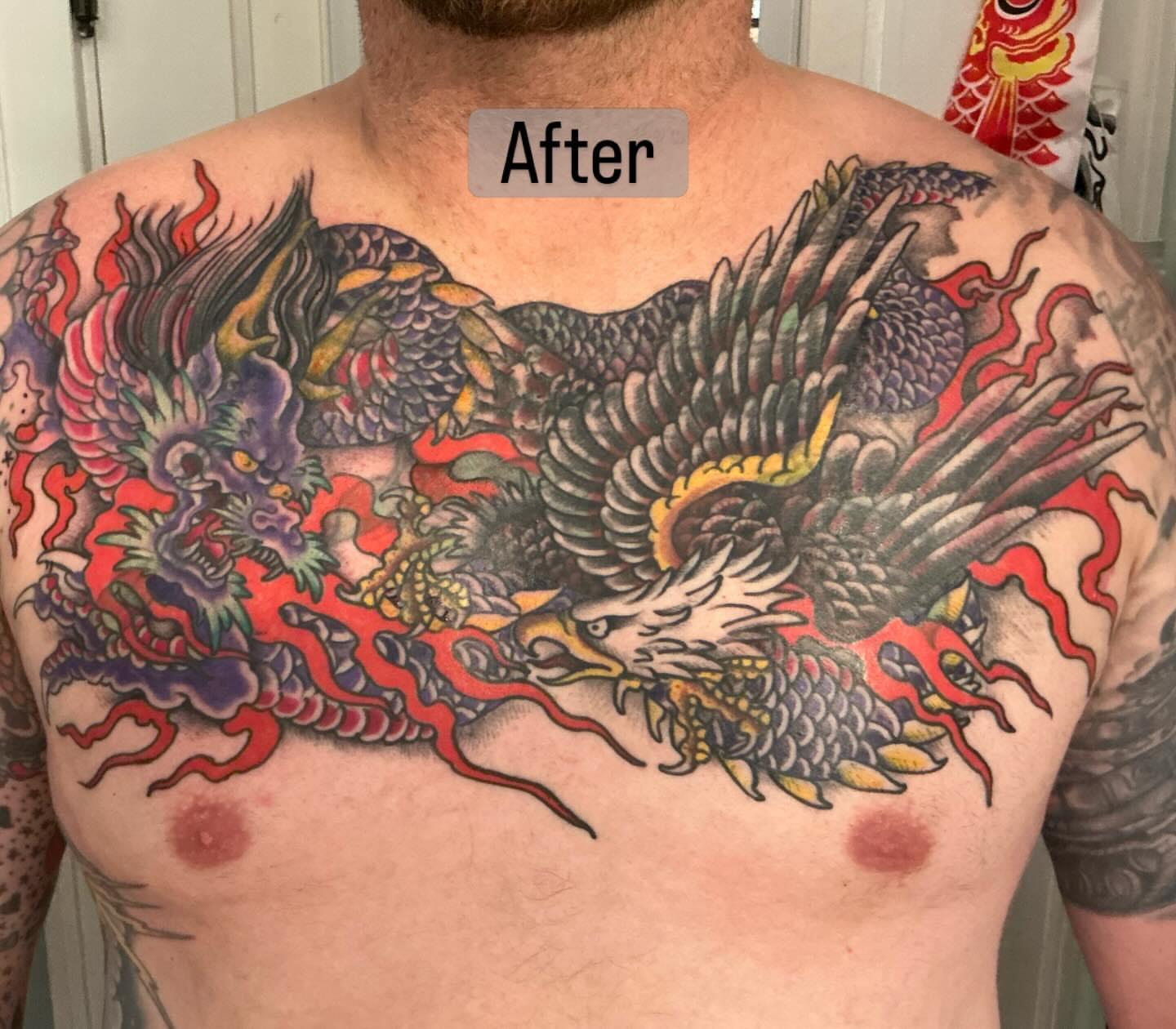 Eagle and dragon japanese irezumi tattoo on the chest by Tony Beuke
