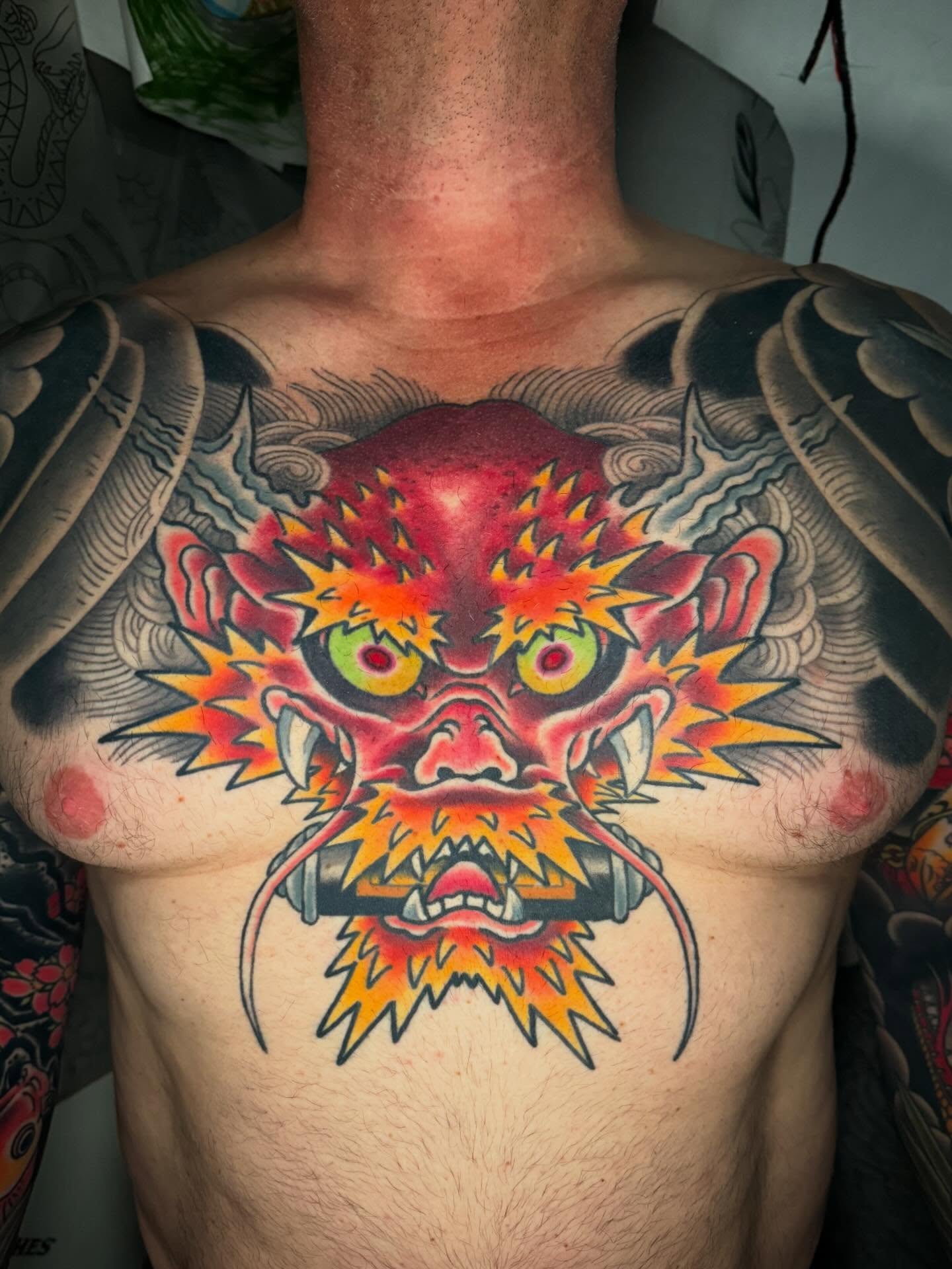 Dragon japanese irezumi tattoo on the chest by Mike Diamond