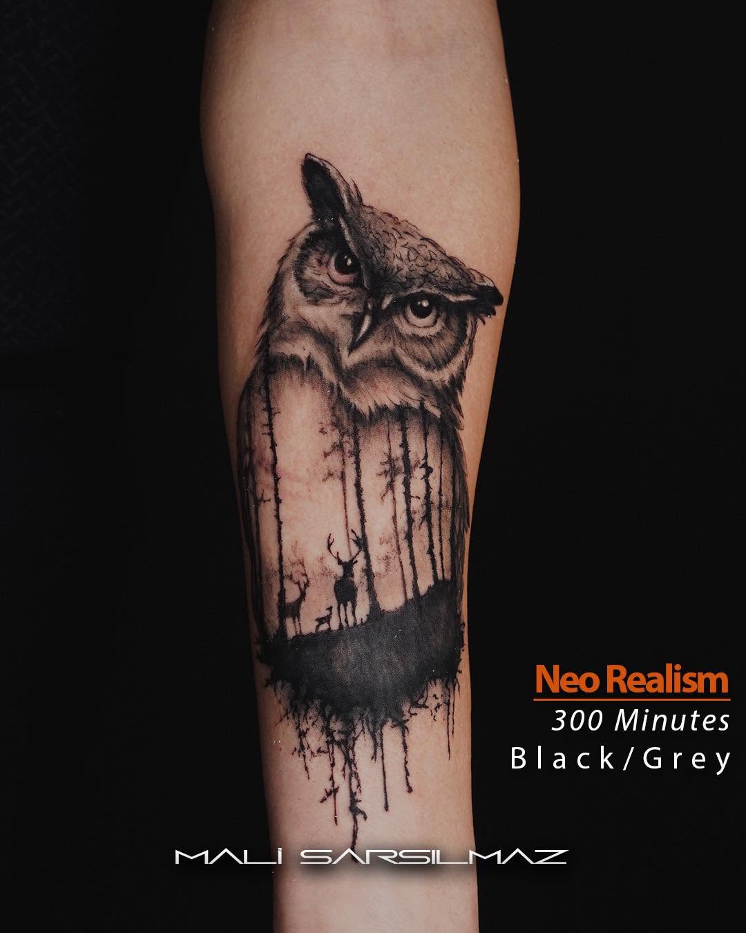 Owl and forest scene tattoo on the forearm by Mali Sarsılmaz, Nicosia, Cyprus