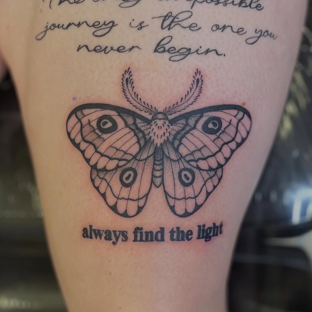 Tattoo by @lilacmourningink — black_and_grey, lettering_script