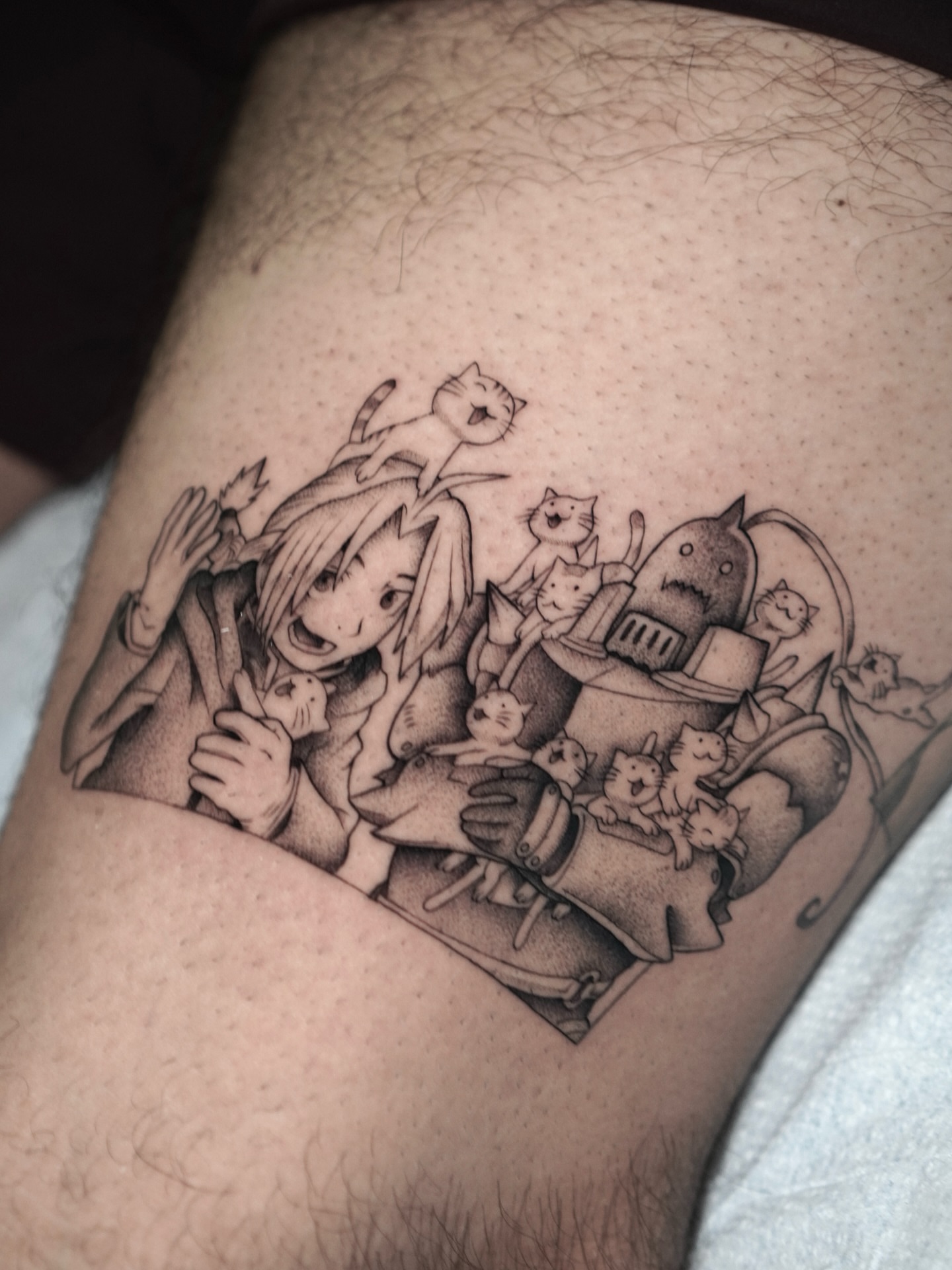 Anime character with cats anime tattoo on the thigh by Carlos Abad