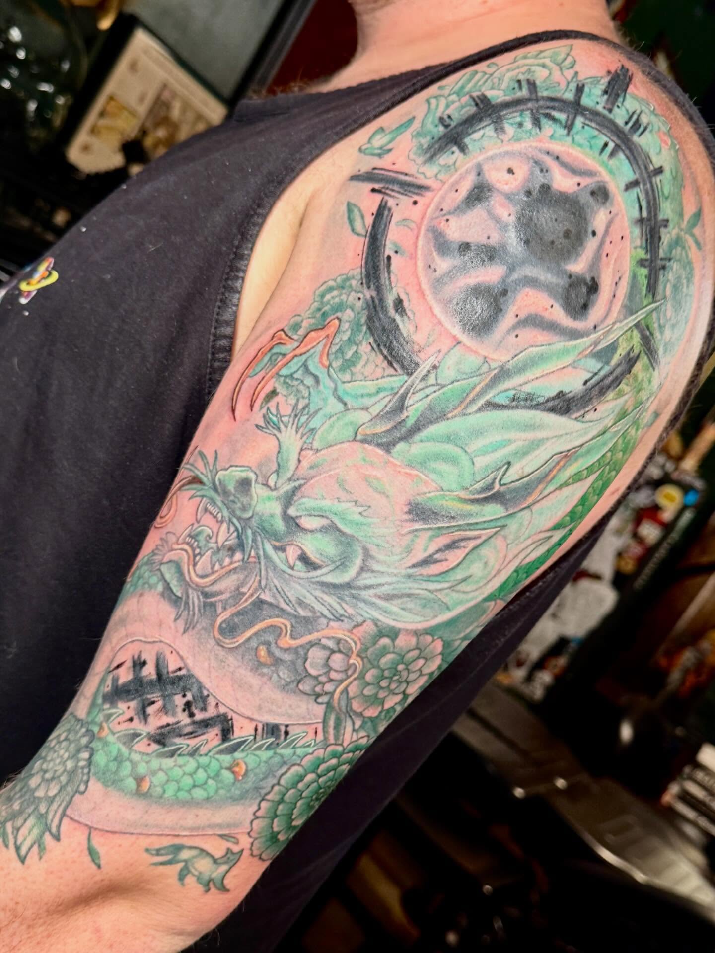 Tattoo by @back_alley_emily — japanese_irezumi, dotwork