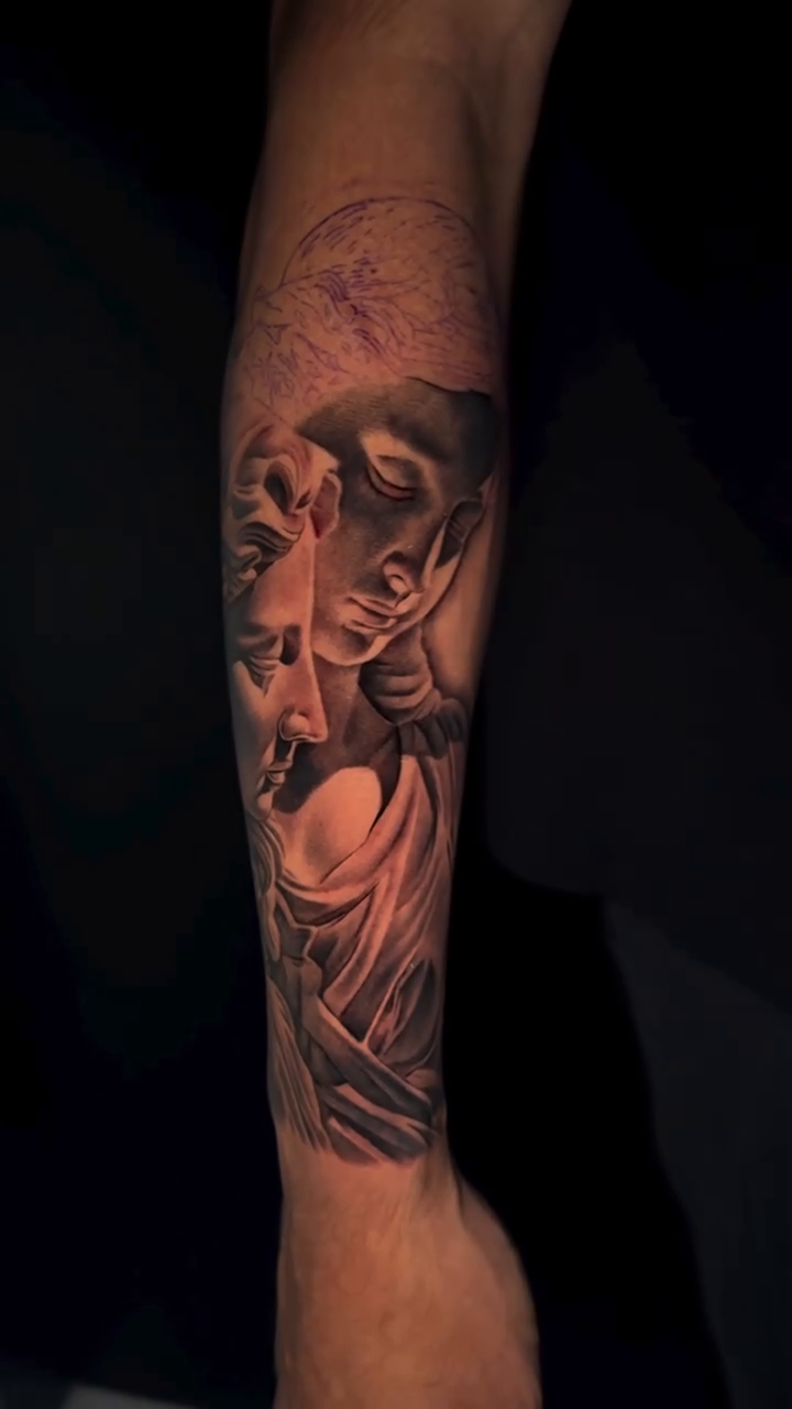 Classical sculpture portrait realism tattoo by Kaleb Trujillo