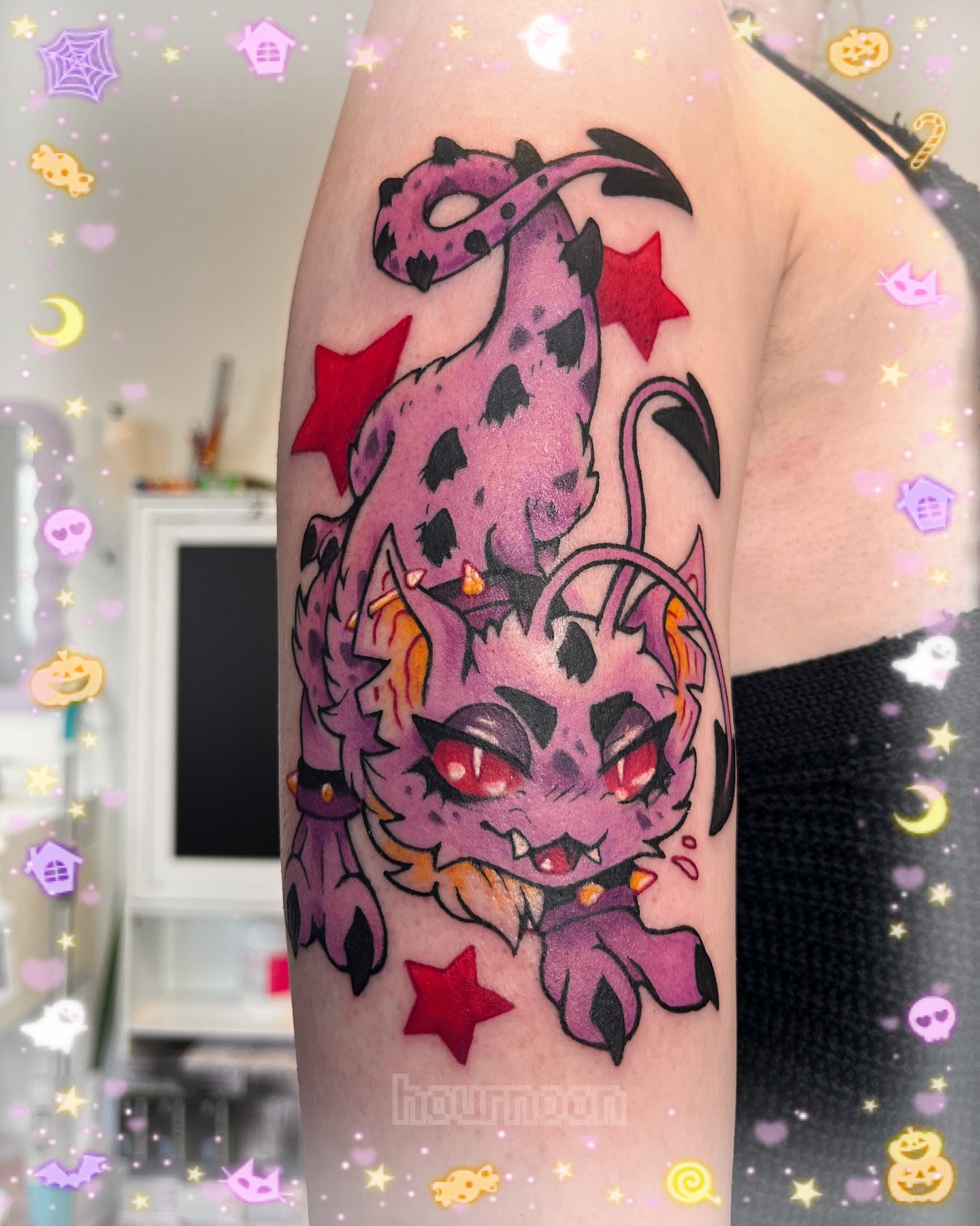 Purple dragon trash polka tattoo on the forearm by 𝖍𝖔𝖚𝖗𝖓𝖔𝖔𝖓