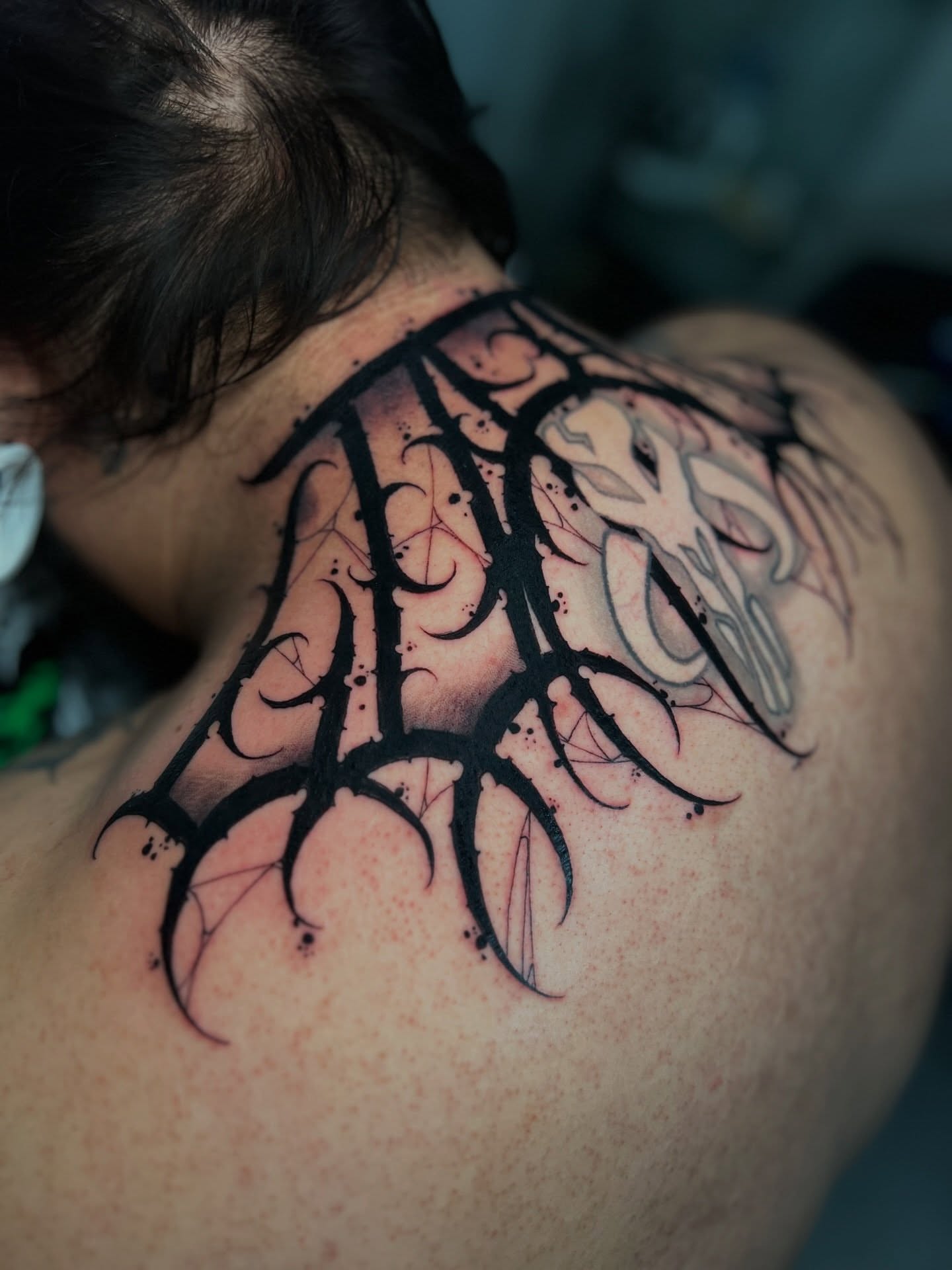 Root system black and grey tattoo on the shoulder by James Foltz