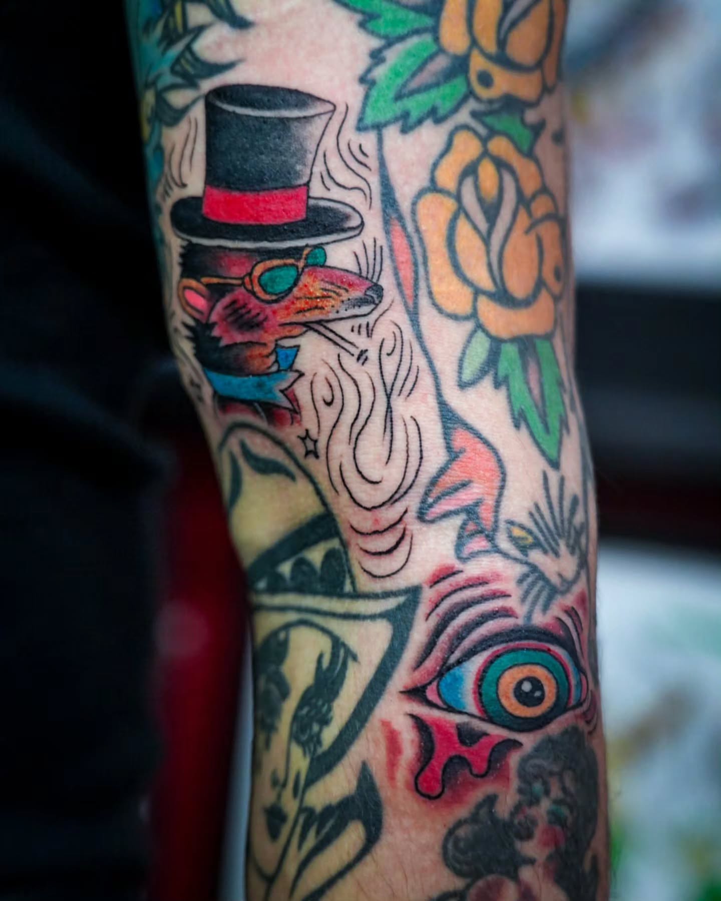 Fox wearing top hat American traditional tattoo on the forearm by Spicoli