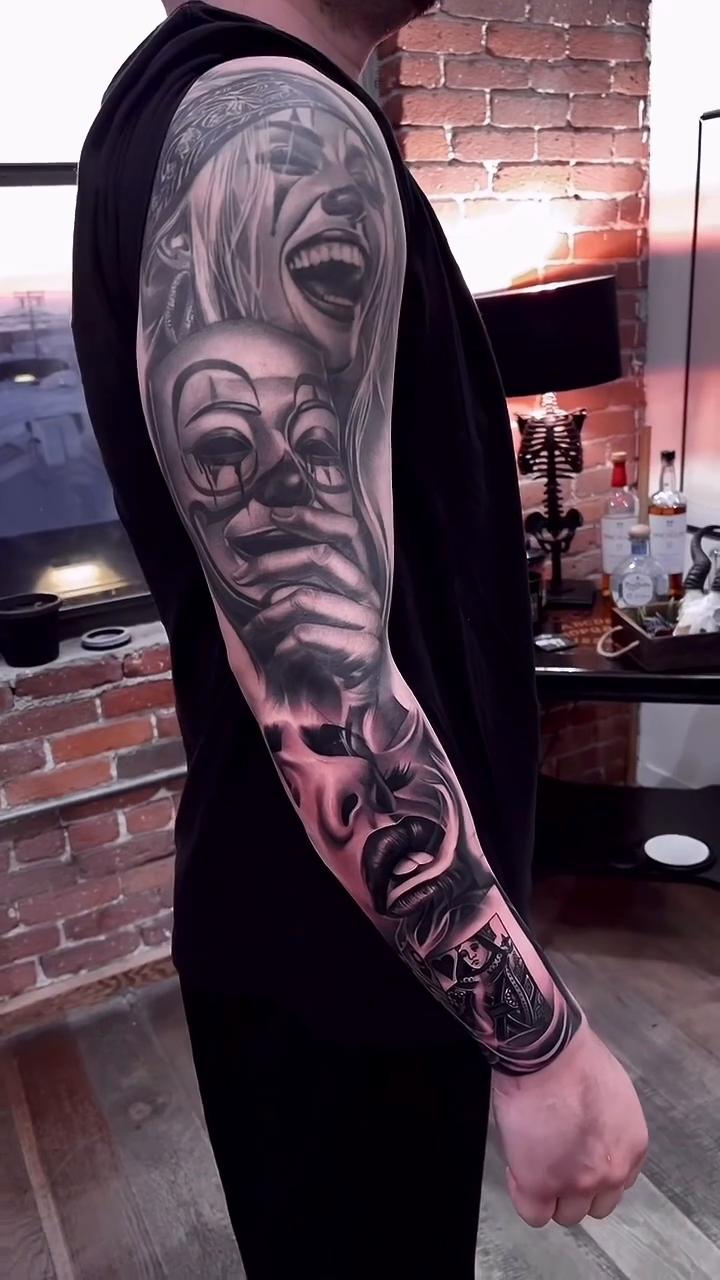Woman's face and masks realism tattoo by Erick Gutierrez, Las Vegas, Nevada