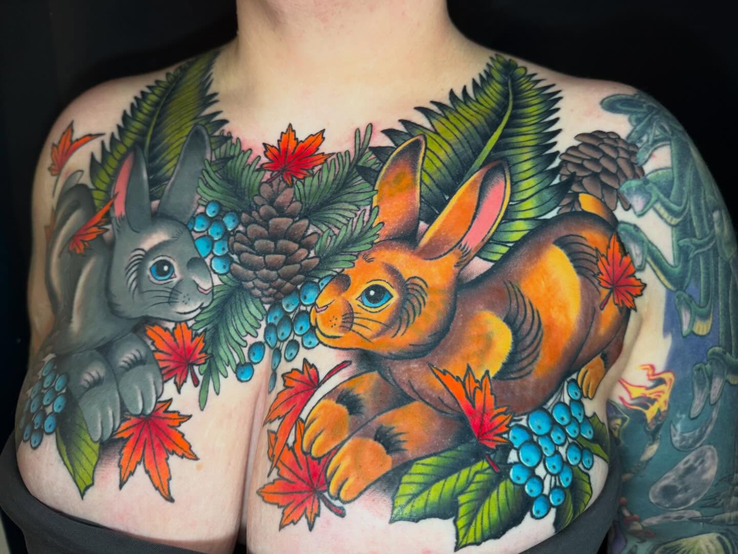 Rabbits and autumn leaves American traditional tattoo on the chest by ♥︎ ᴅᴇᴠ ʀᴇɴᴇᴇ ♥︎