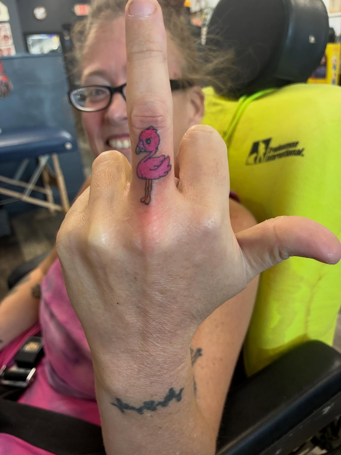 Flamingo dotwork tattoo on the hand by Hit & Run Tattoo, Dayton, Ohio