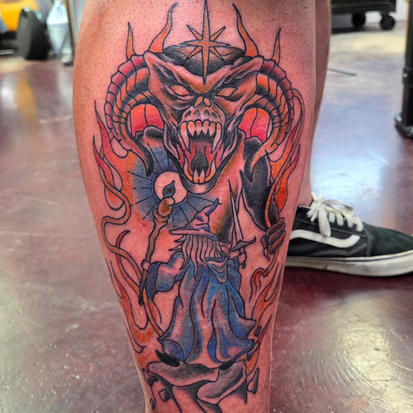 Demon warrior neo-traditional tattoo on the leg by Kat Coniglio Art