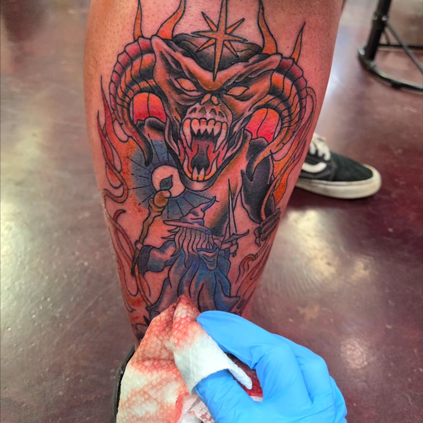 Demon American traditional tattoo on the forearm by Kat Coniglio Art