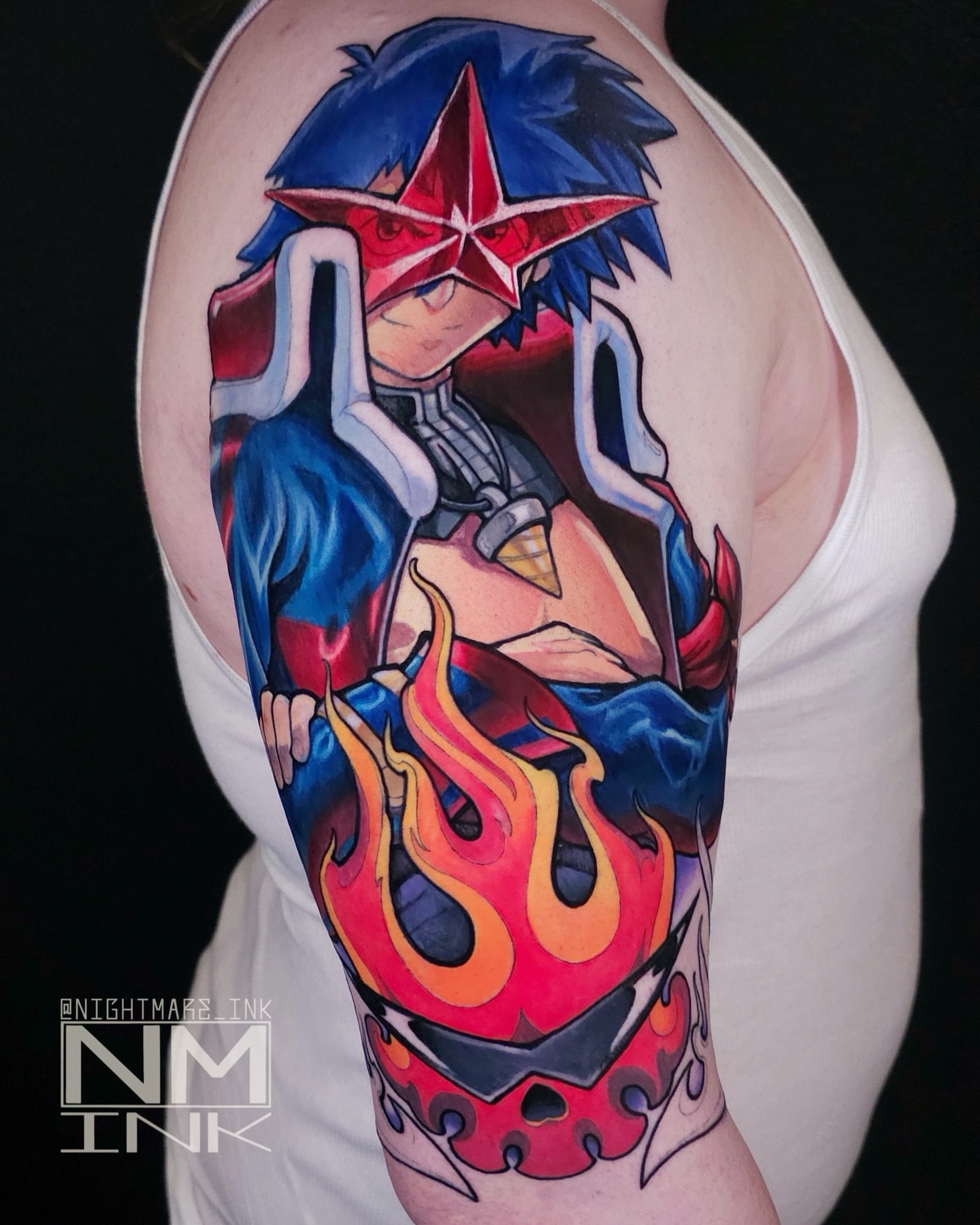 Anime character anime tattoo on the shoulder by Brandon Hildebrandt