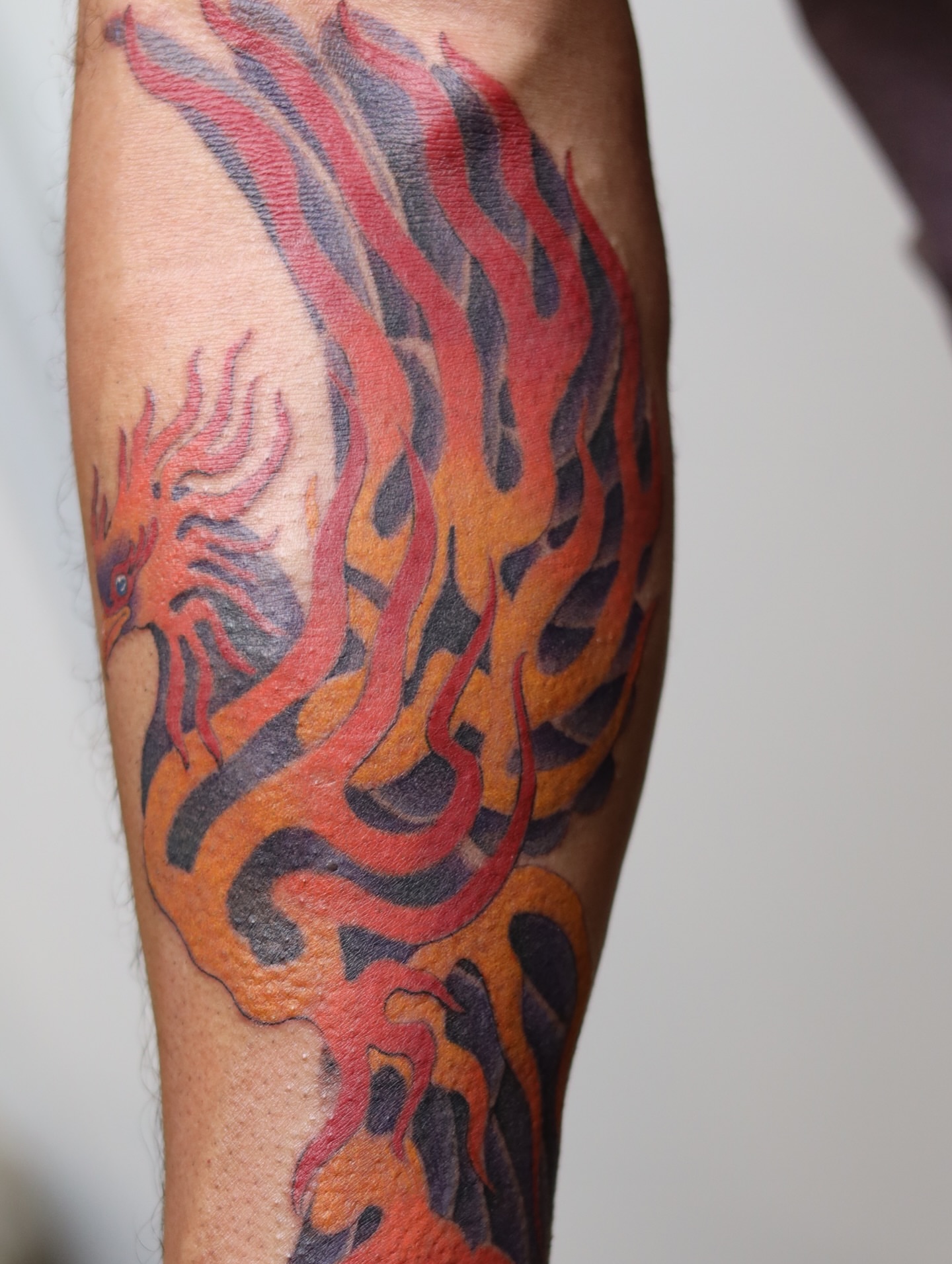 Flame dragon new school tattoo on the forearm by Caleb Ortiz