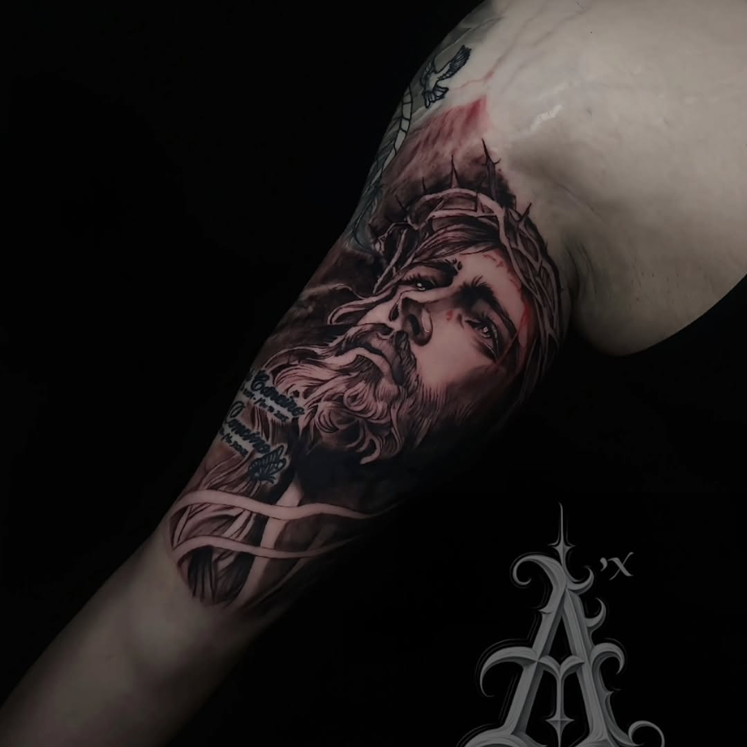 Jesus Christ portrait Chicano tattoo on the forearm by @tattoobytats
