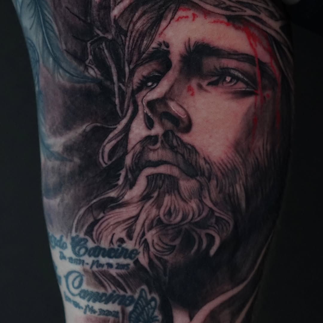 Jesus Christ portrait Chicano tattoo on the forearm by @tattoobytats