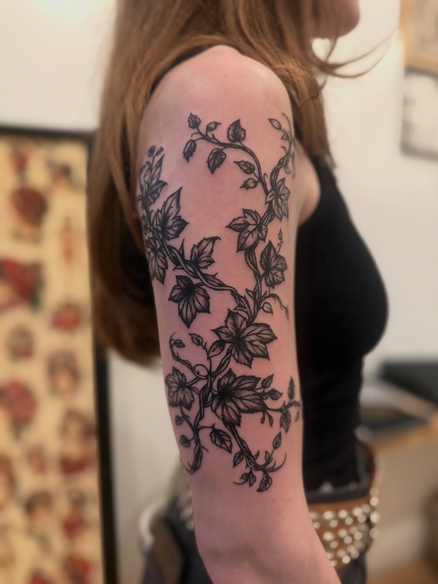 Vines and leaves black and grey tattoo on the forearm by Tattoo Artist, Philadelphia, Pennsylvania