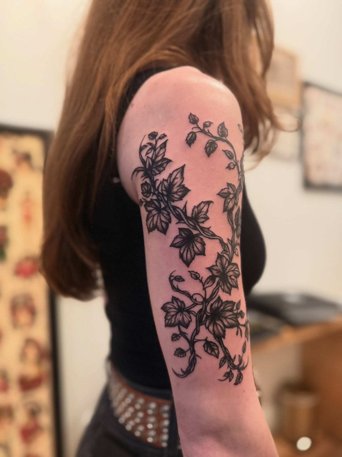 Vines and leaves black and grey tattoo on the upper arm by Tattoo Artist, Philadelphia, Pennsylvania