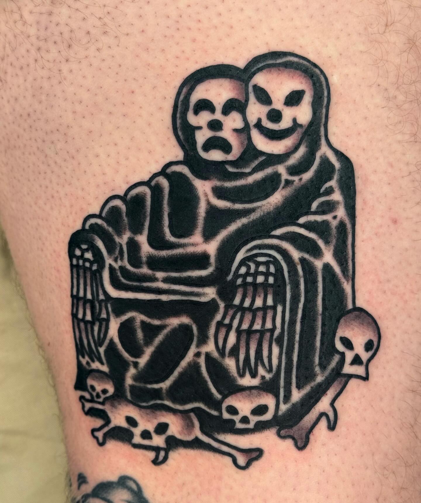 Skeleton couple black and grey tattoo on the thigh by JAX