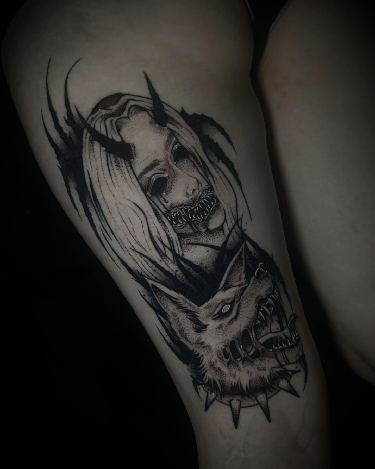 Woman with wolf dark realism tattoo on the forearm by Heaven Arianna
