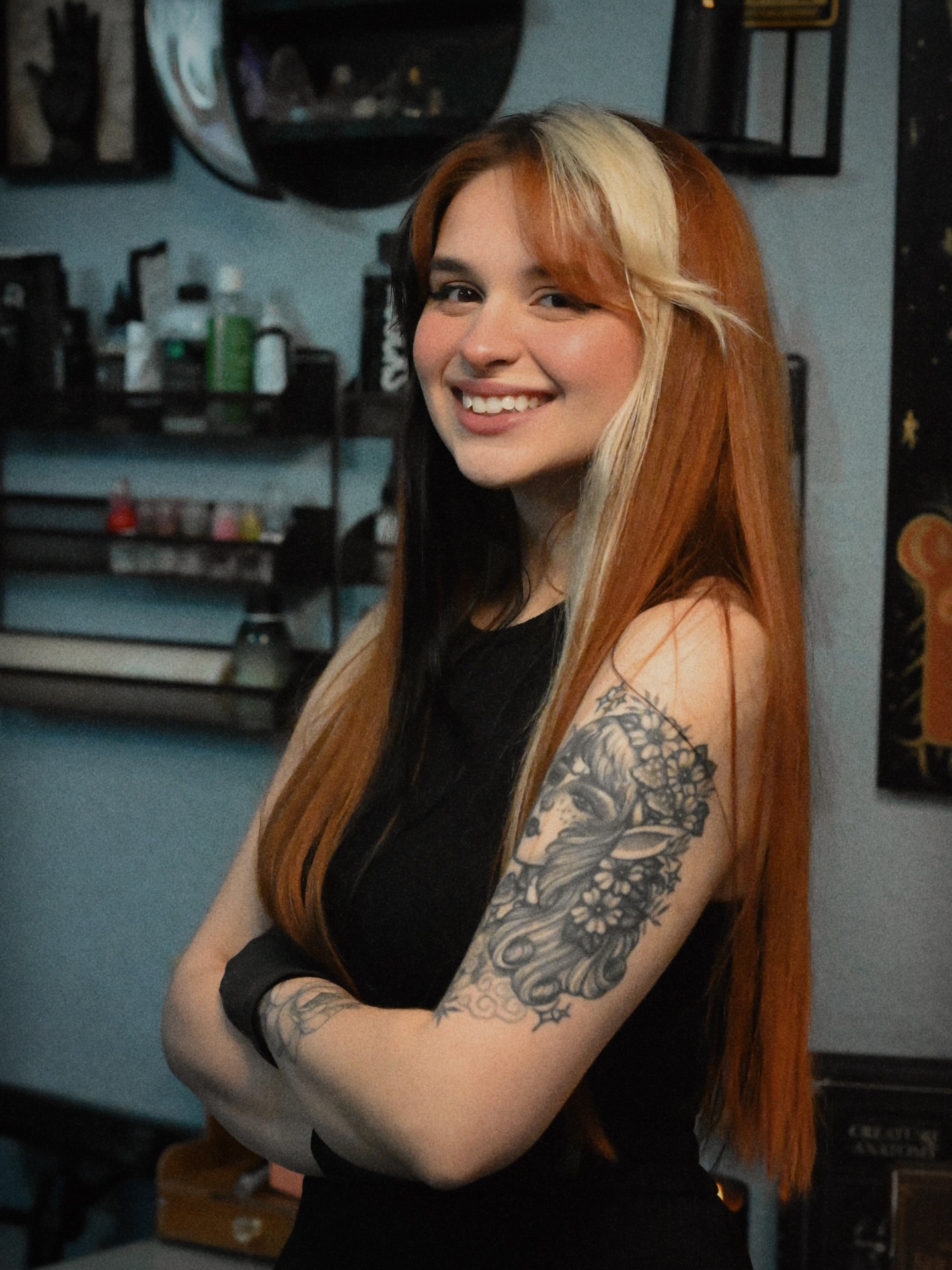Deer with floral crown black and grey tattoo on the upper arm by πΊπππππ βΎ π»πππππ π¨πππππ