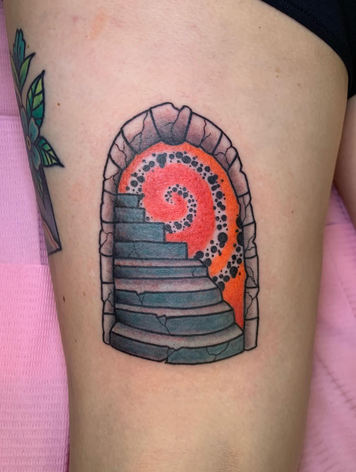 Staircase portal dotwork tattoo on the thigh by Hannah Hahn
