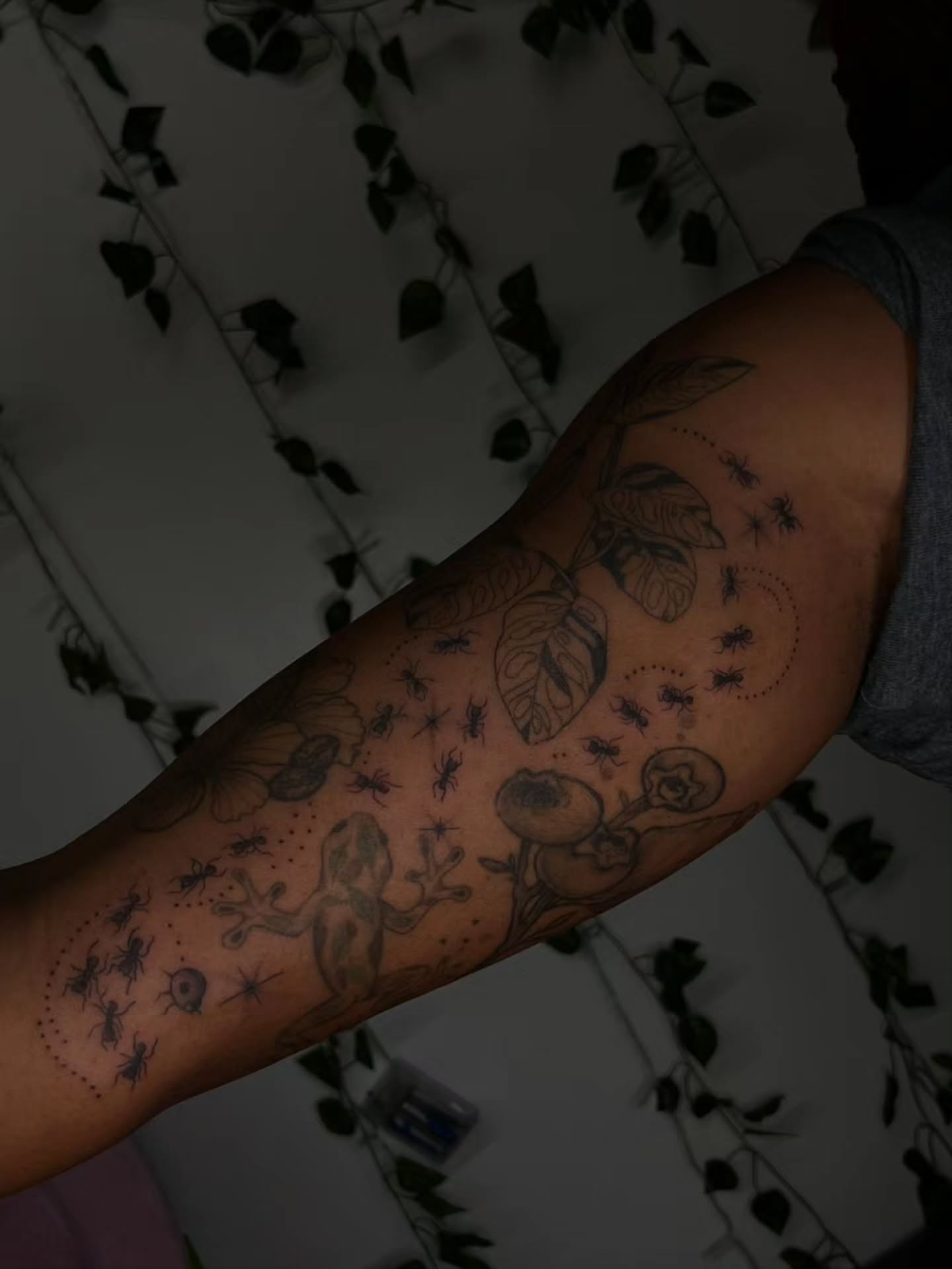 Ants and leaves dotwork tattoo on the forearm by Luna 🌙