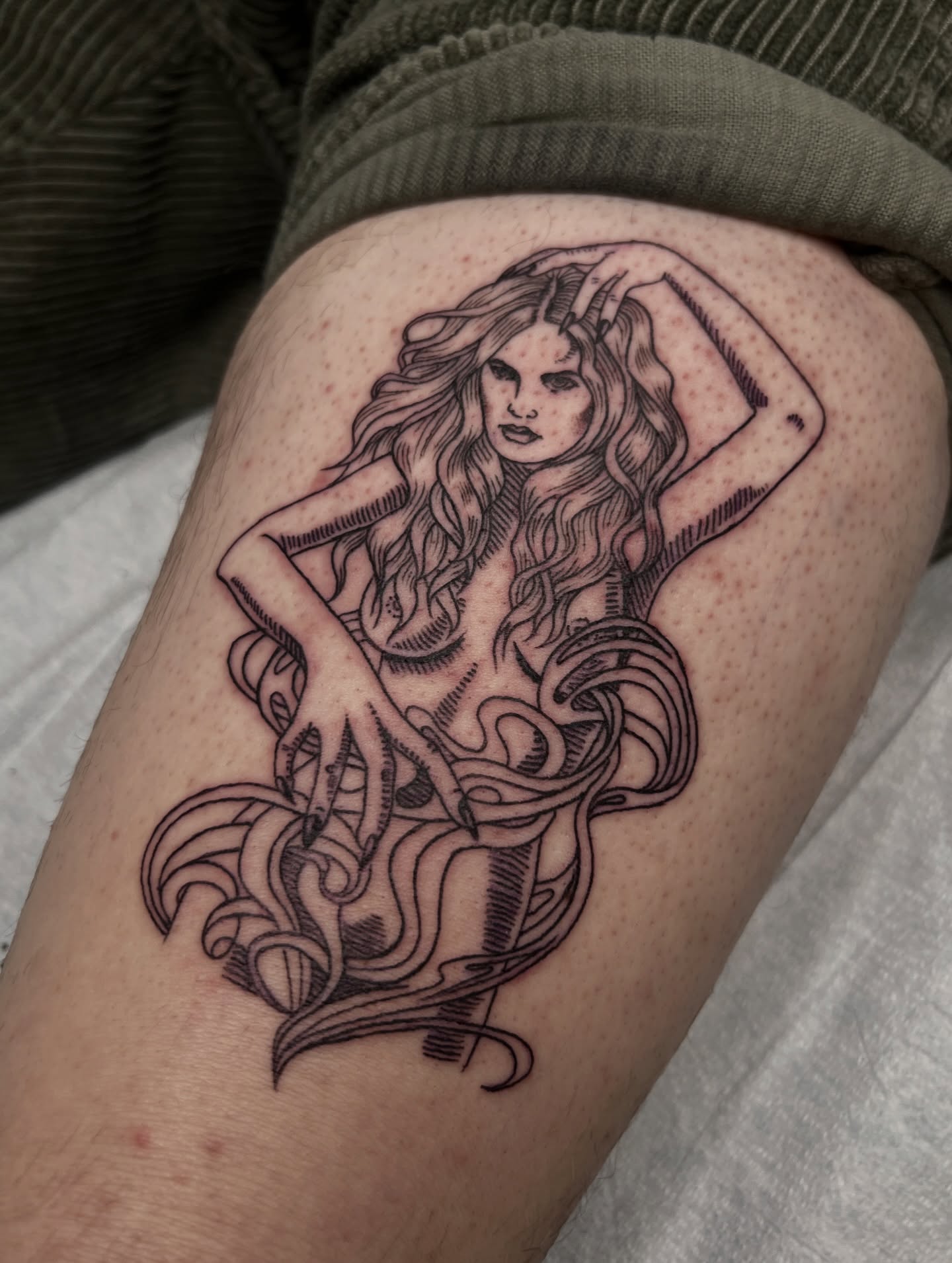Woman with snakes black and grey tattoo on the thigh by @syrenbier, San Francisco, California