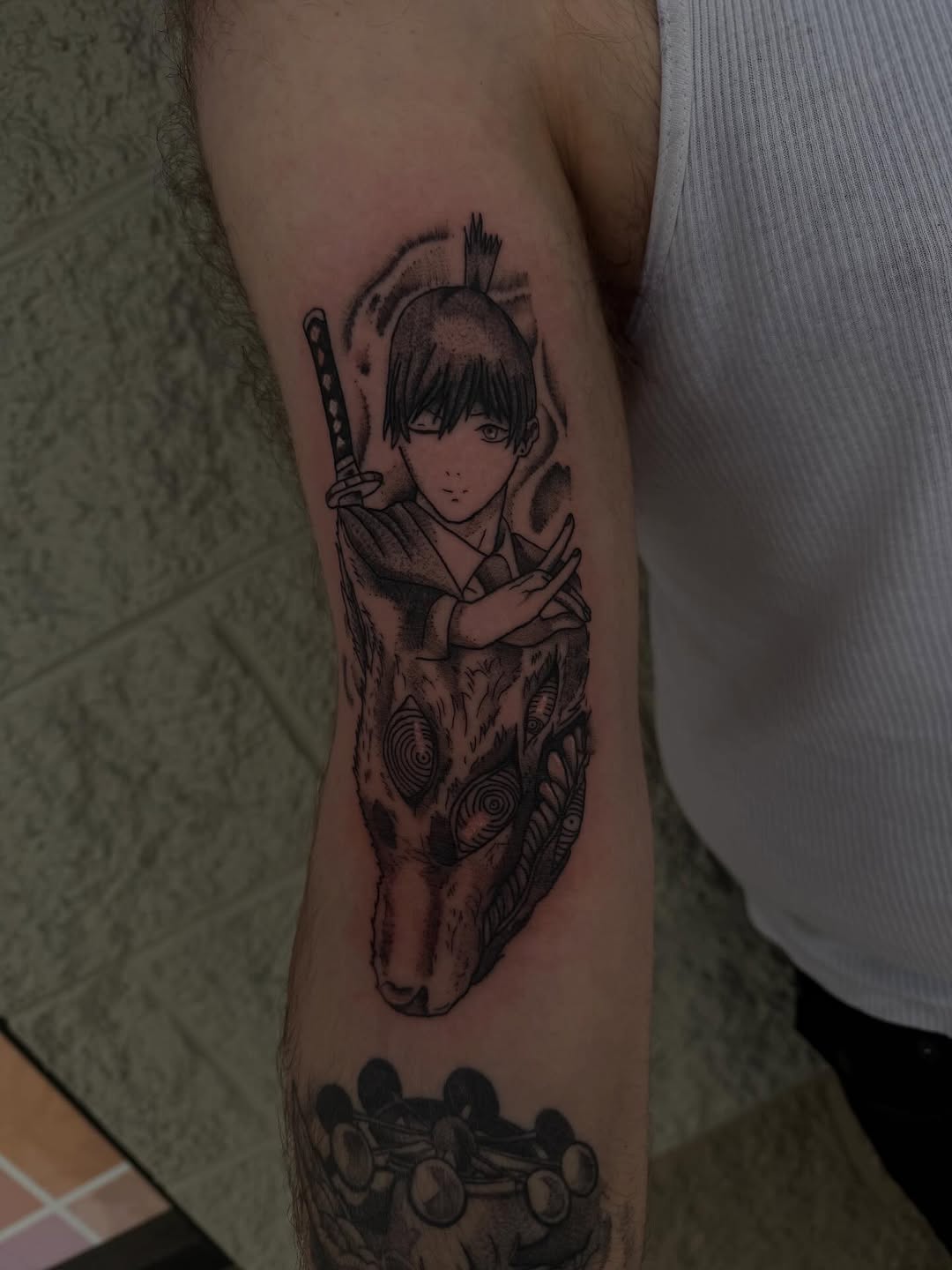 Tattoo by @mystic_moore — anime, black_and_grey