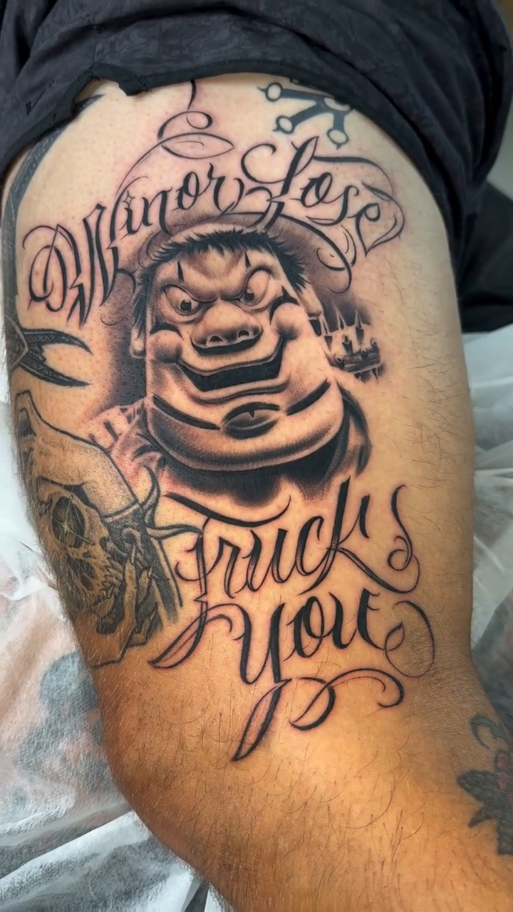 Tattoo by @_sloejamz_ — black_and_grey, lettering_script