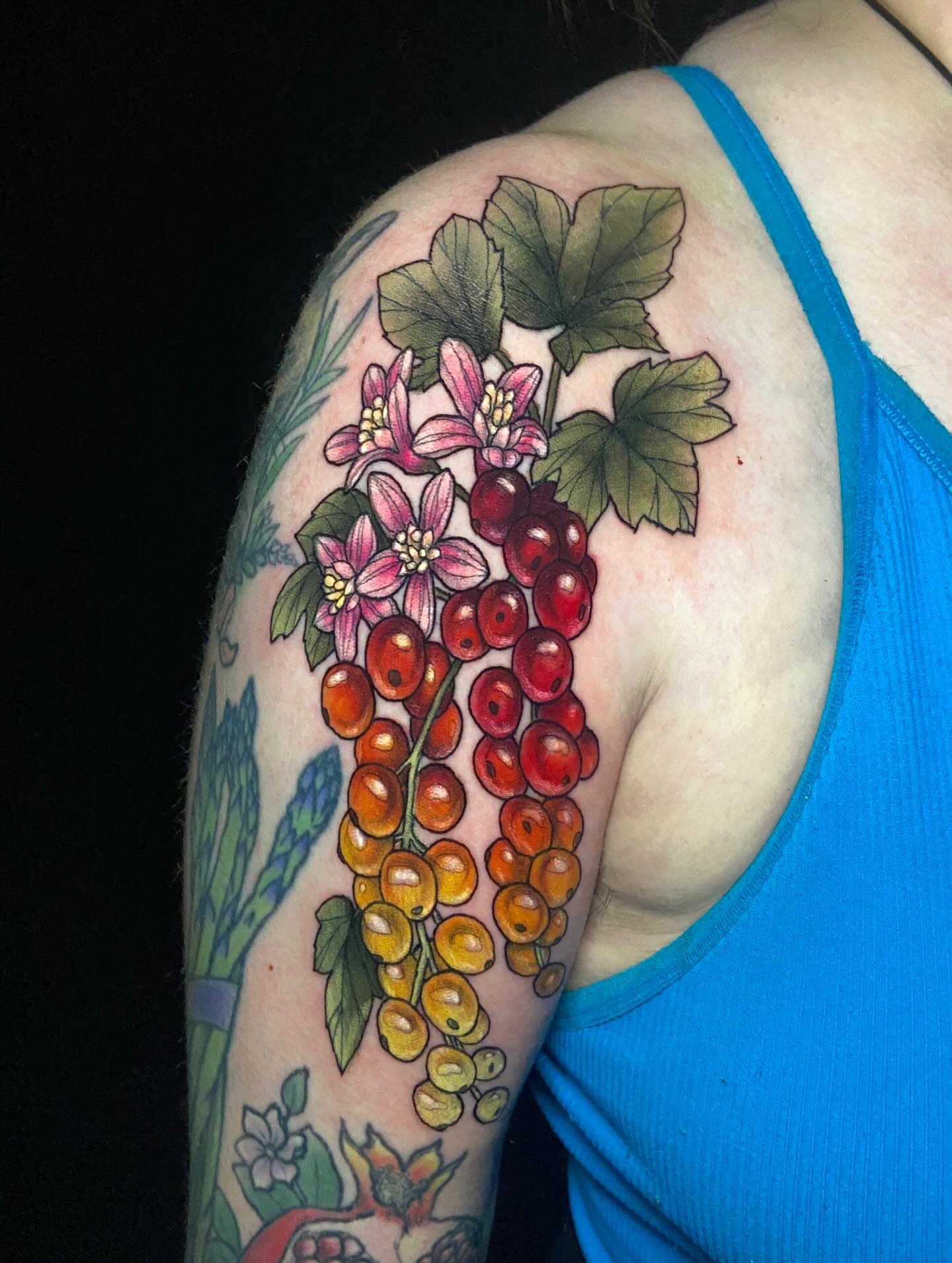 Grapevine realism tattoo on the shoulder by Dawn Carr, Richmond, Virginia