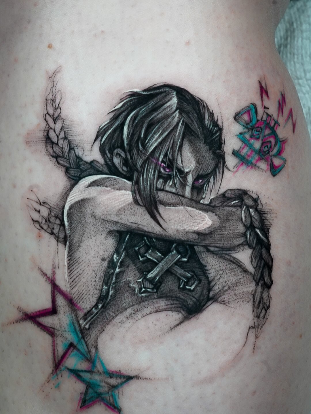 Tattoo by @chrisjtattoo — dotwork, anime