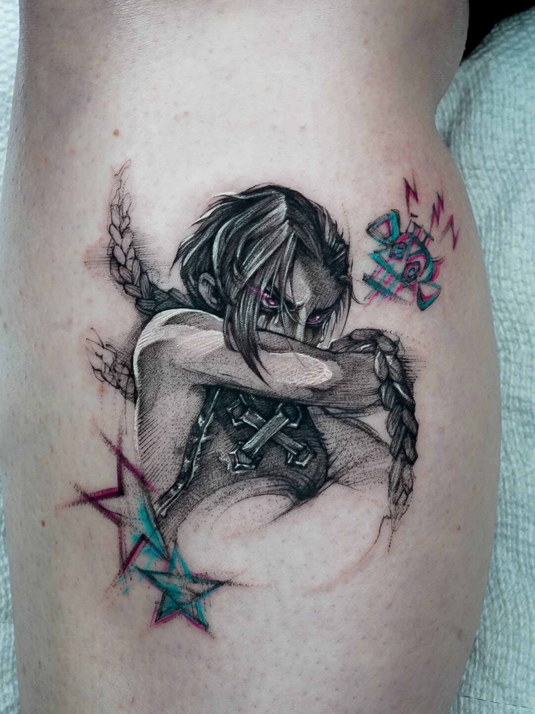 Tattoo by @chrisjtattoo — anime, dotwork
