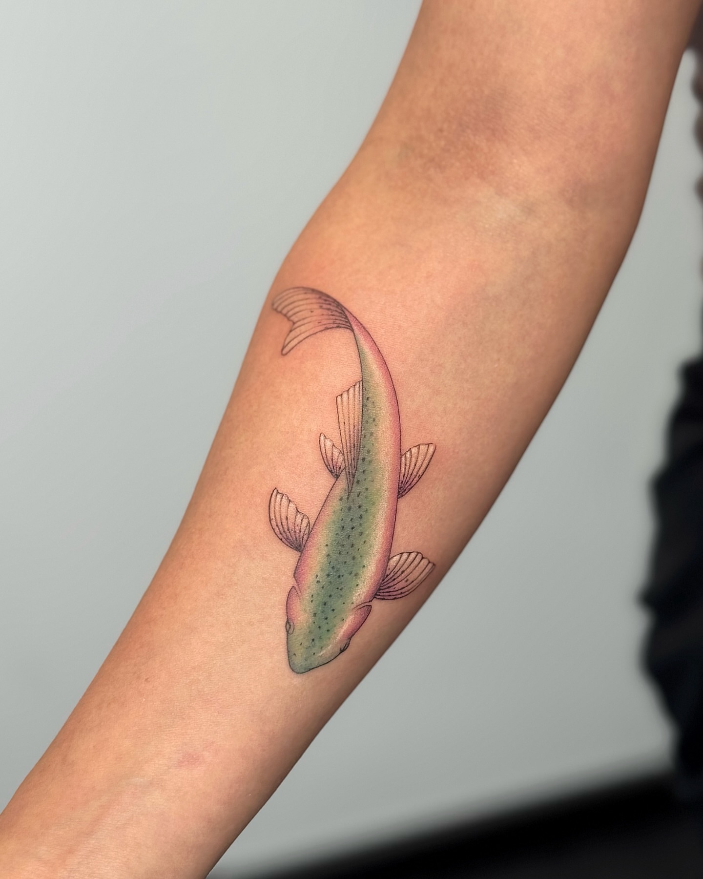 Fish realism tattoo on the forearm by Lea Burkard, Berkeley, California