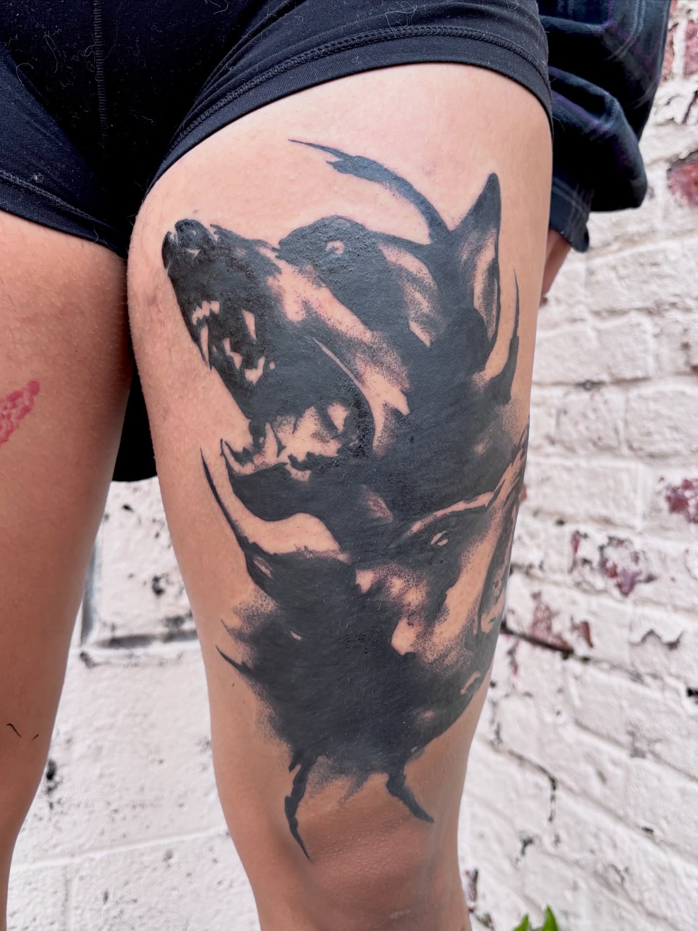 Wolf black and grey tattoo on the thigh by ★ ★ ★ Matt Reinstone ★ ★ ★
