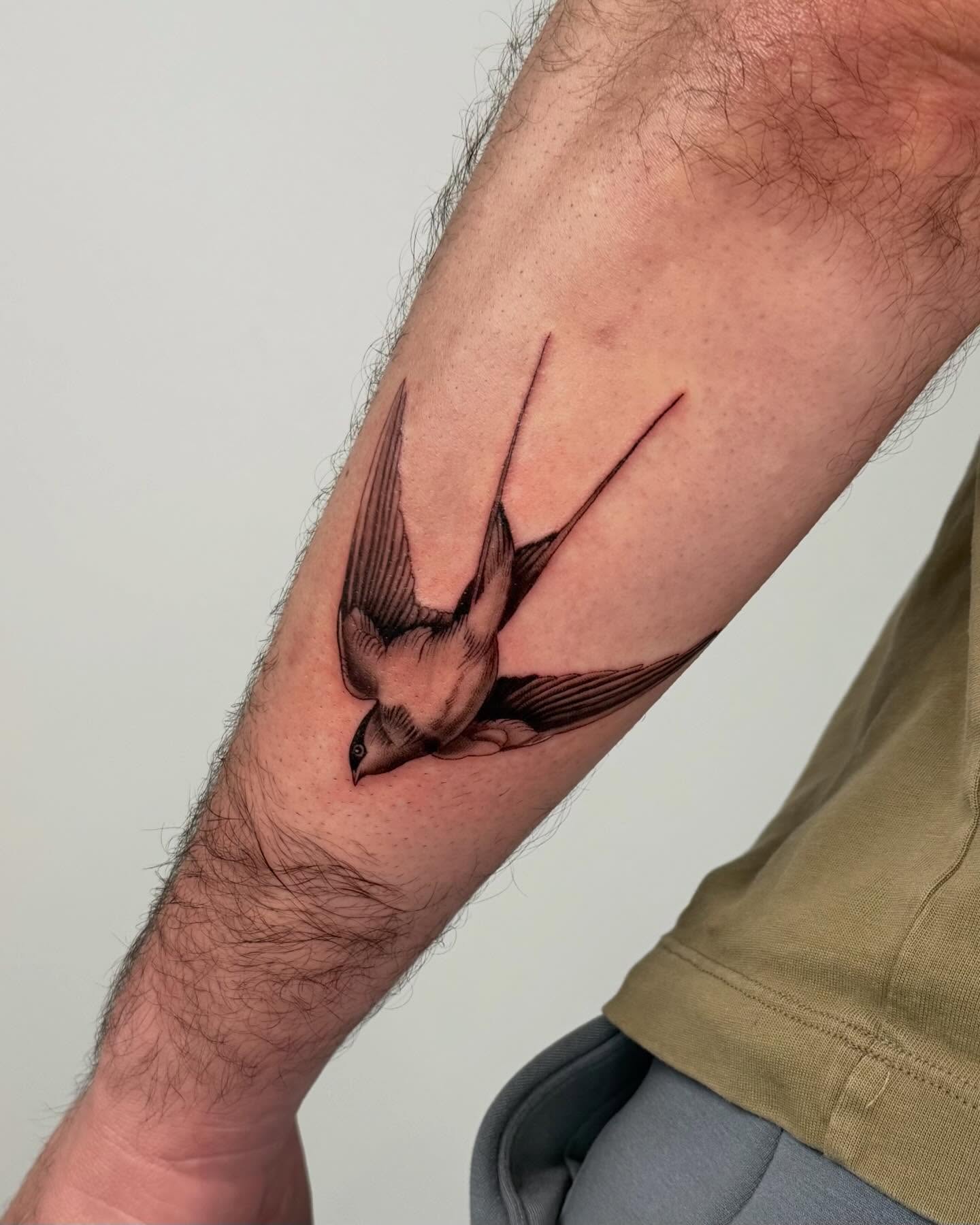 Swallow realism tattoo on the forearm by Felipe Pacifico