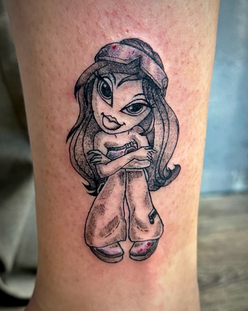 Girl with long hair dotwork tattoo on the forearm by David