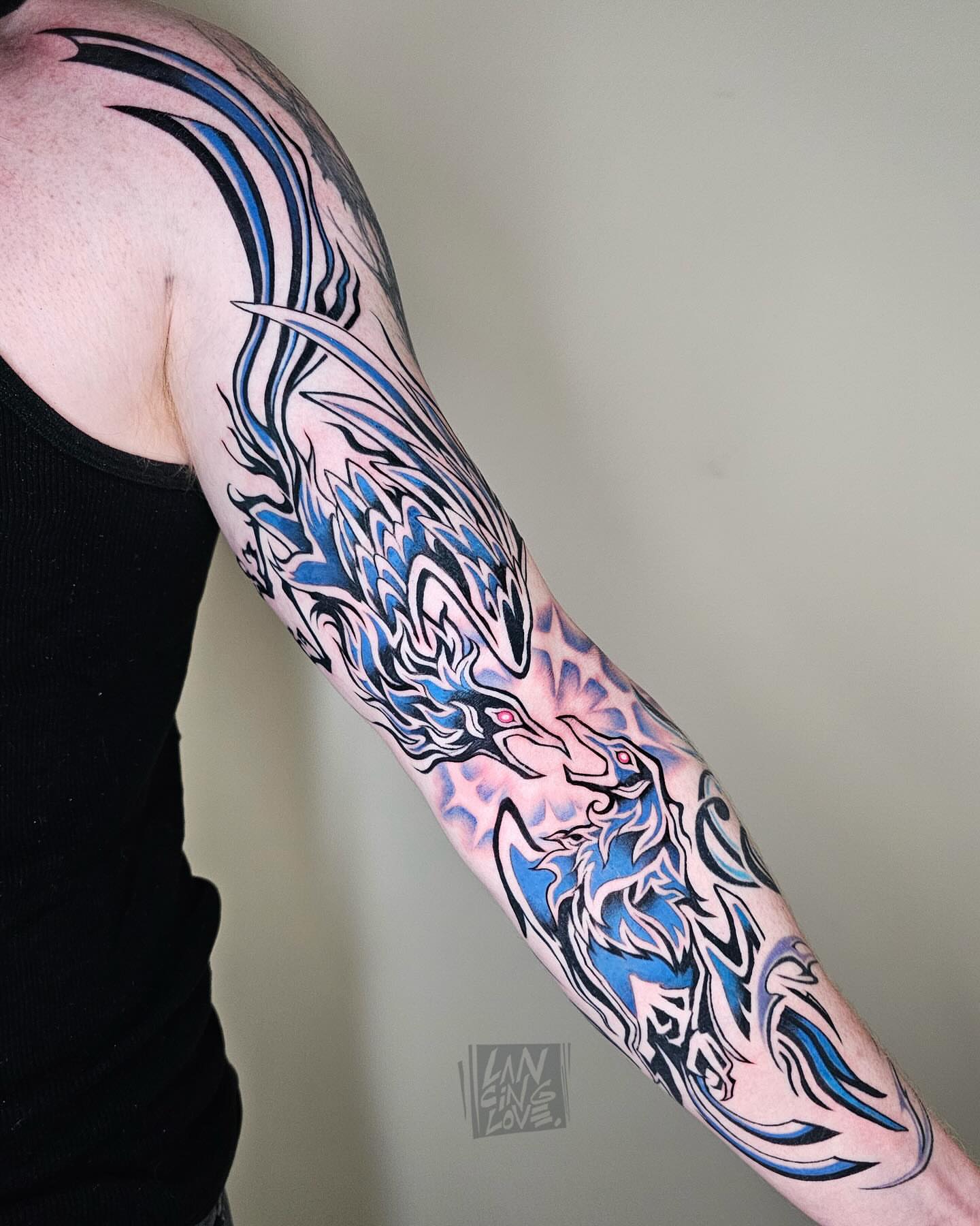Dragon new school tattoo on the forearm by Lancinglove