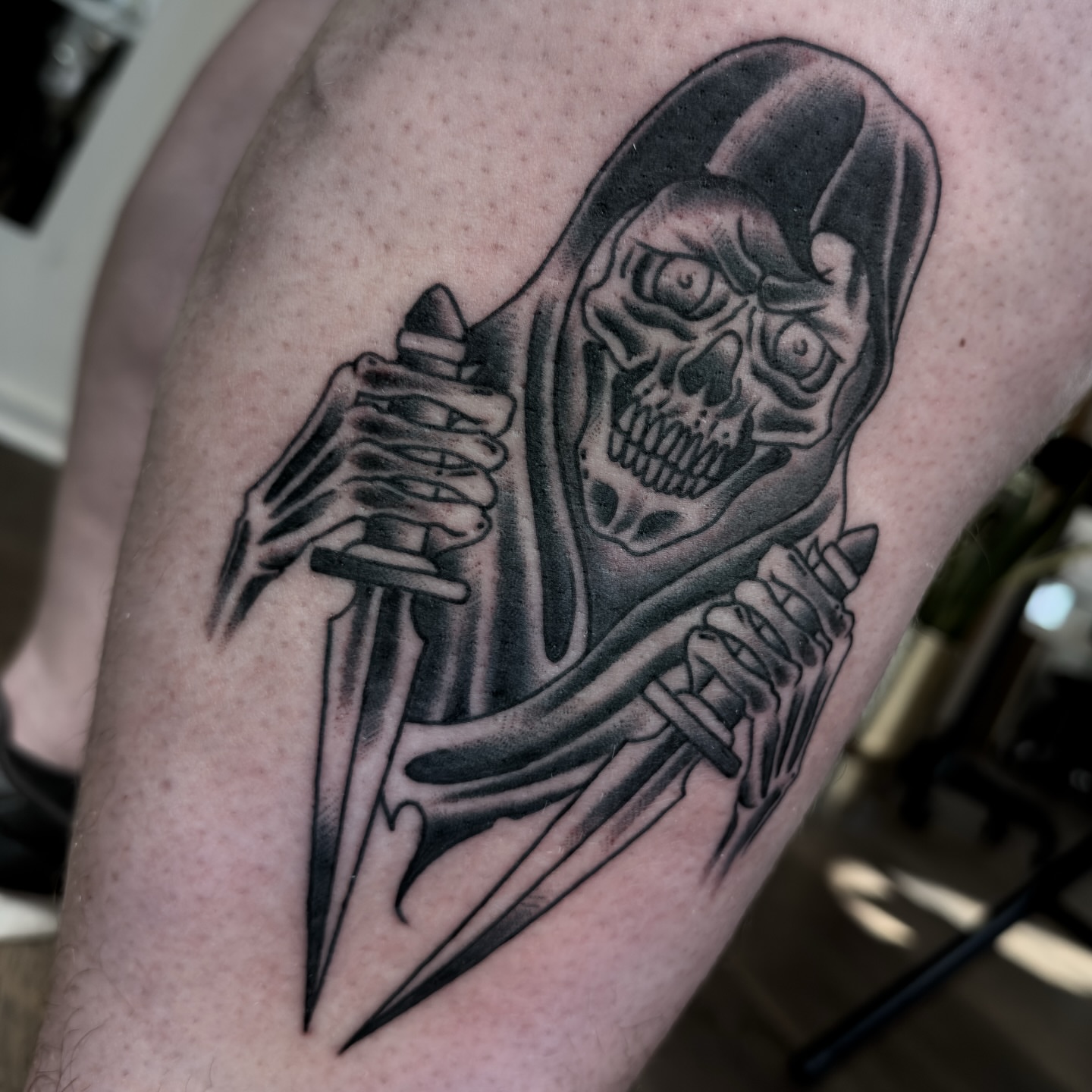 Grim reaper realism tattoo on the thigh by ⚔️Andreas Dolleschal⚔️