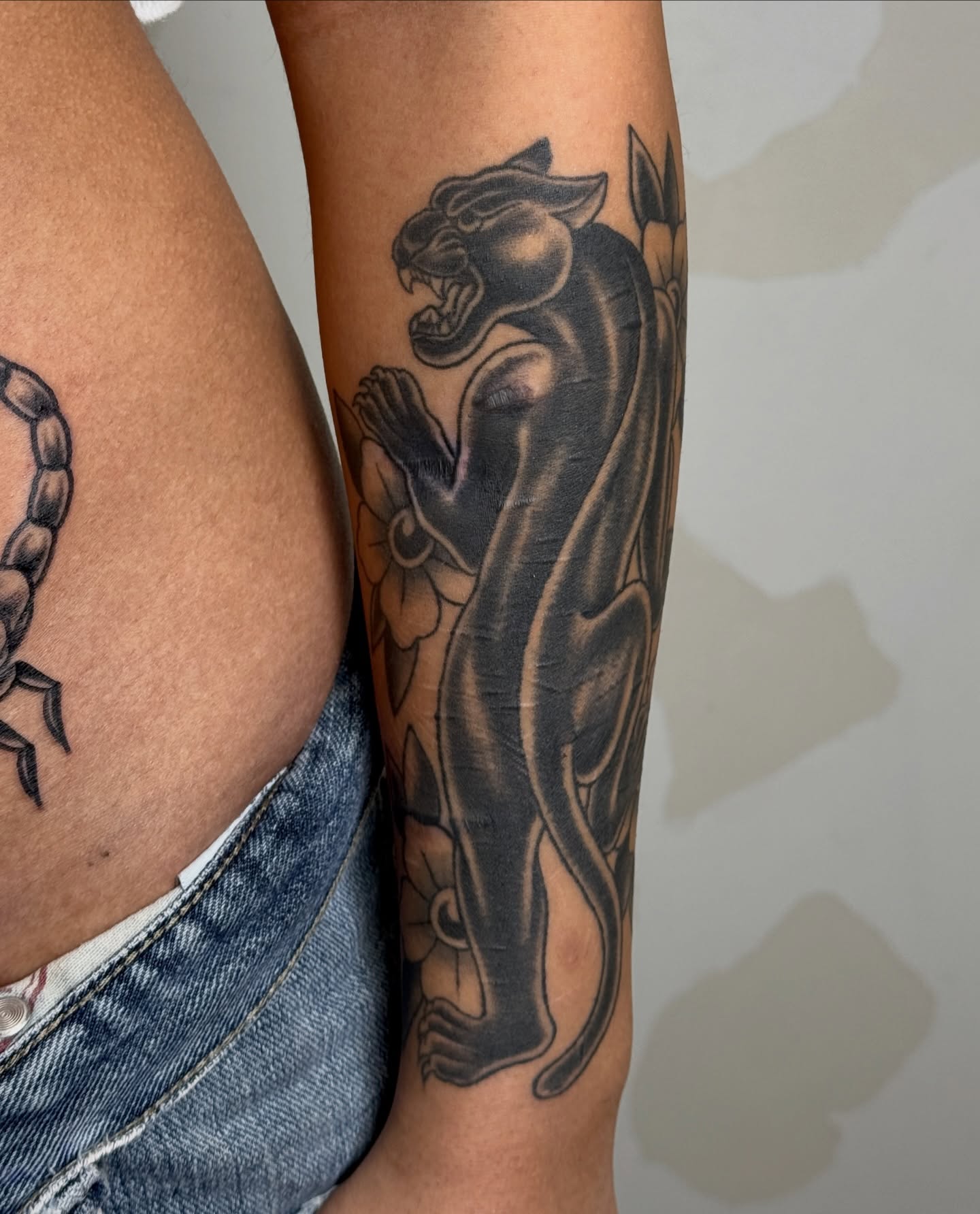 Panther black and grey tattoo on the forearm by Bre Grover, Vancouver, British Columbia