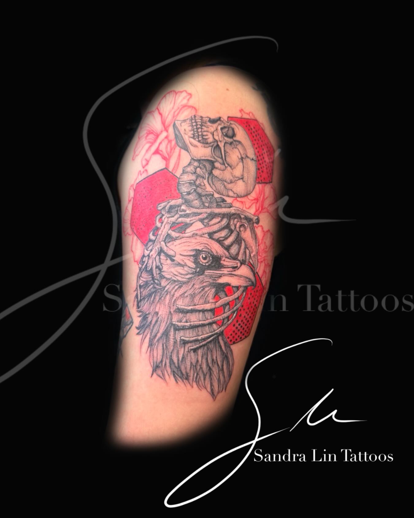 Crow and skull realism tattoo on the forearm by Sandra Lin Cue