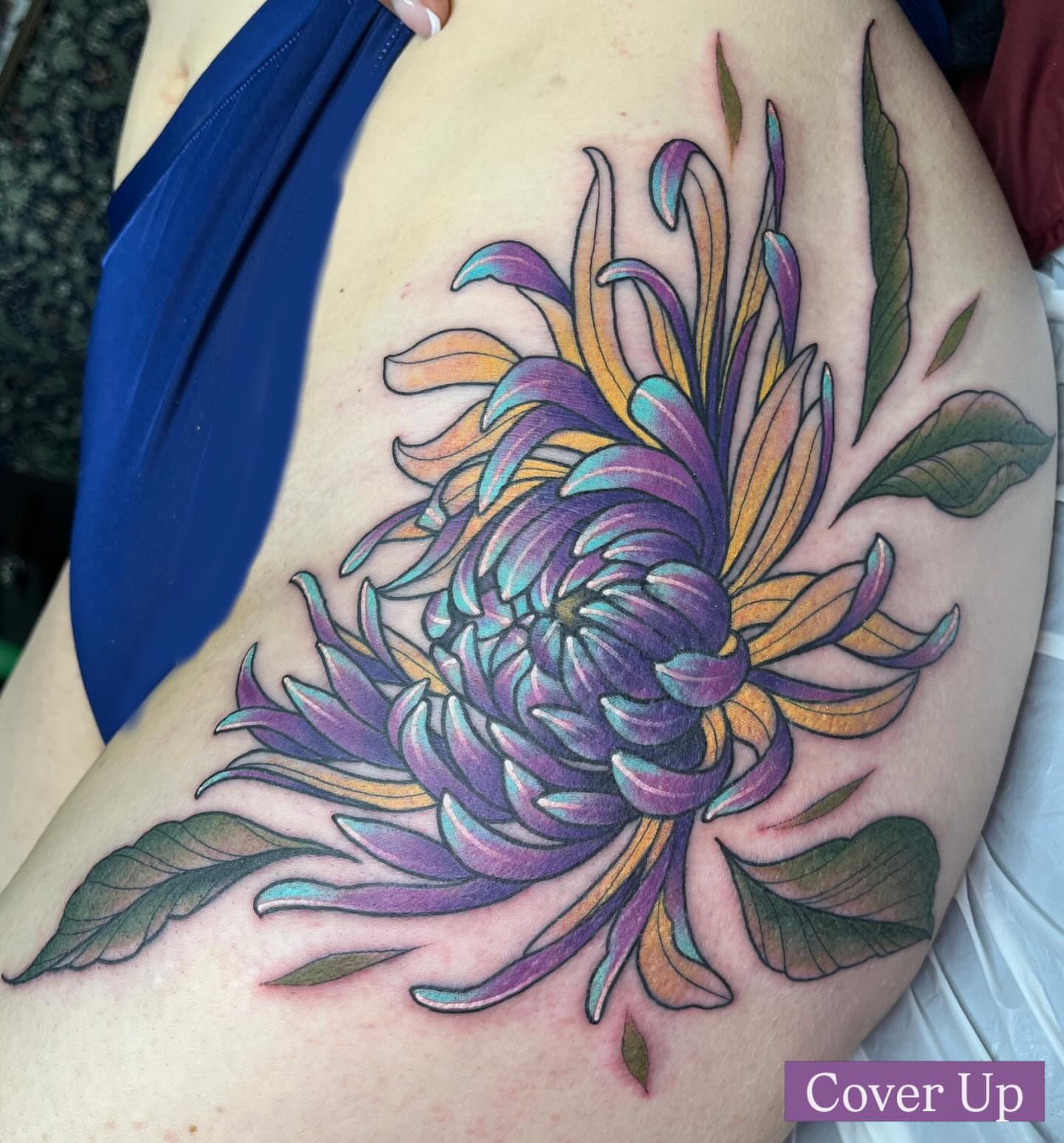 Chrysanthemum new school tattoo on the thigh by Michigan Tattoo Artist - Nadia Garver, Clinton Township, Michigan
