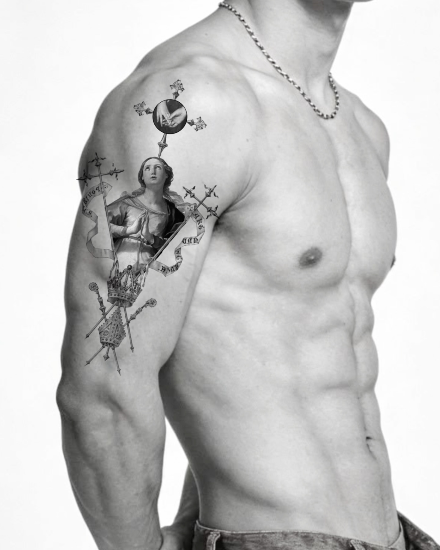 Religious figure black and grey tattoo on the upper arm by 𝙆𝙖𝙩𝙣𝙞𝙨𝙨