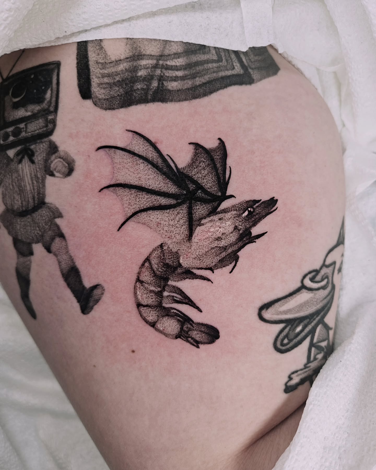 Tattoo by @fermented_ink — dotwork, black_and_grey